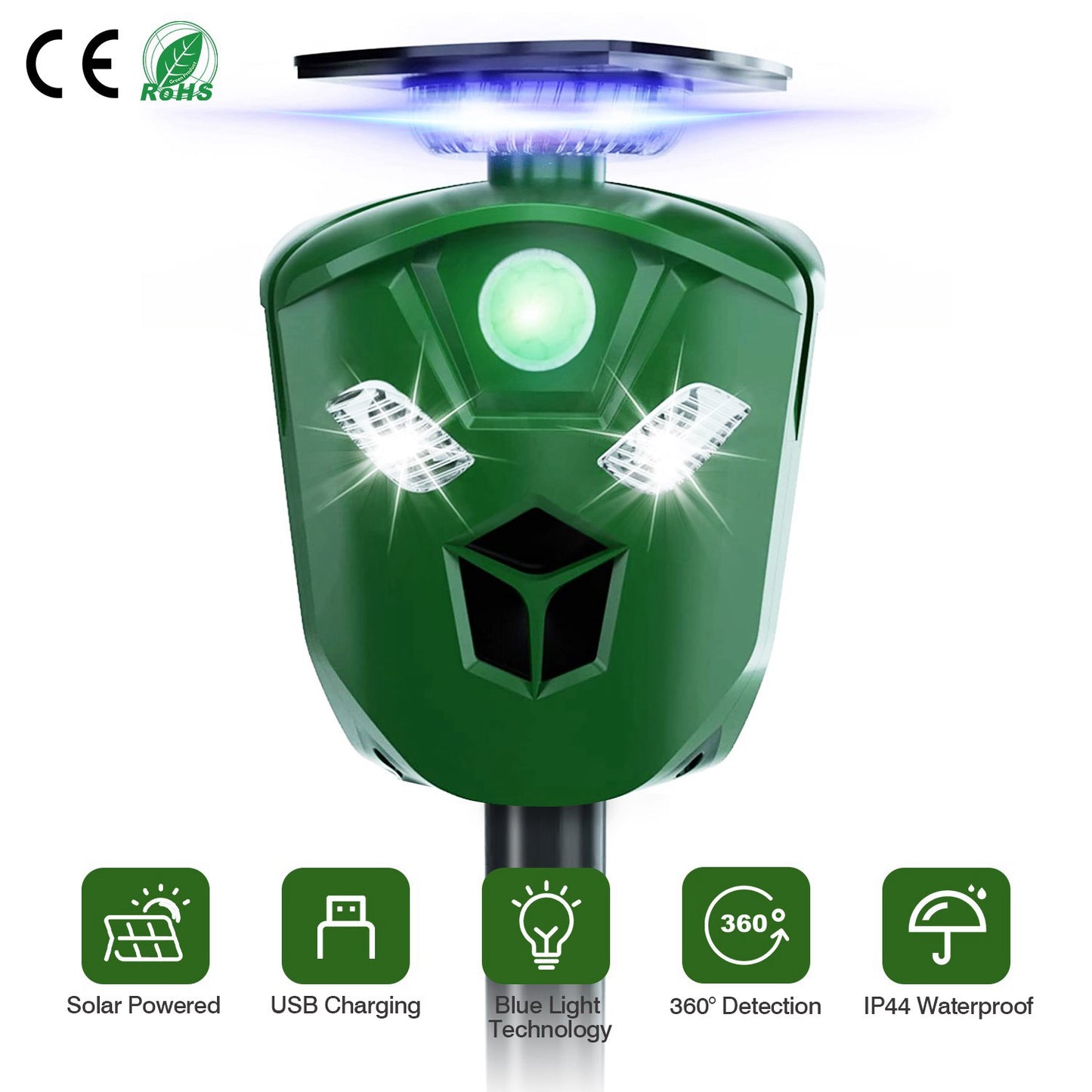 LJGelectro - Electric Solar Powered Ultrasonic Animal Repeller 360° Ultrasonic Animal Driver with Motion Sensor LED Flashing Lights Waterproof Outdoor Animal Repel