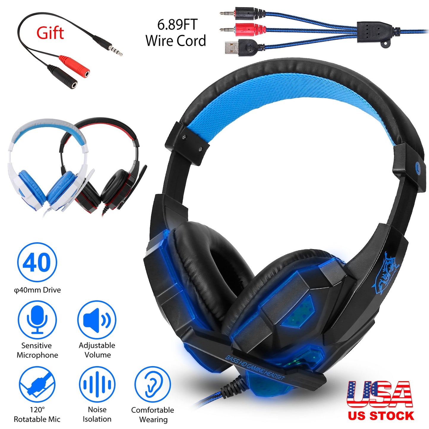 LJGelectro - Gaming Headsets Stereo Bass Over Ear Headphones w/LED Light Earmuff w/ Mic 3.5mm Plug USB 6.89FT Cord Fit For PS5/PS4/PS4 Pro/Slim/PSP/ Nintendo Switc