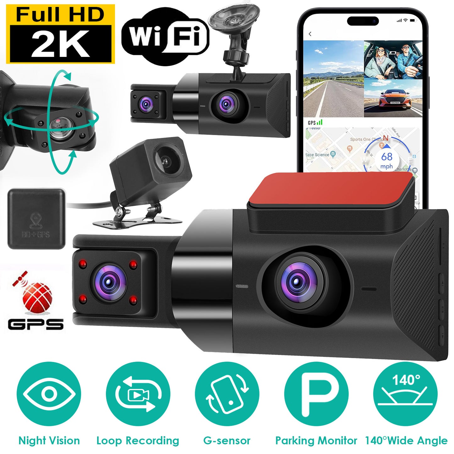 LJGelectro - 2K Car DVR 3 Channel Dash Cam Camcorder Camera Recorder with 140° Angle GPS WiFi Night Vision G-sensor Loop Recording Parking Monitor