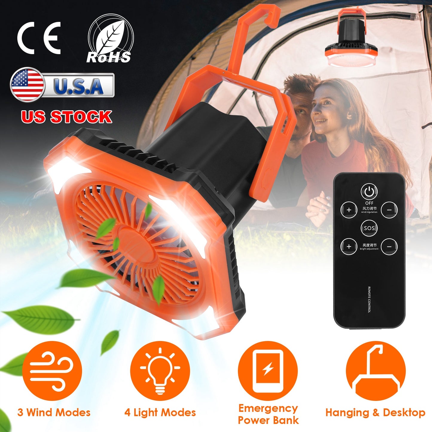 LJGelectro - Portable Camping Lantern Fan 10000mAh Battery Powered Hanging Fan USB Rechargeable Tent Fan with 4 Light Modes 3 Wind Modes Emergency Power Bank Remot