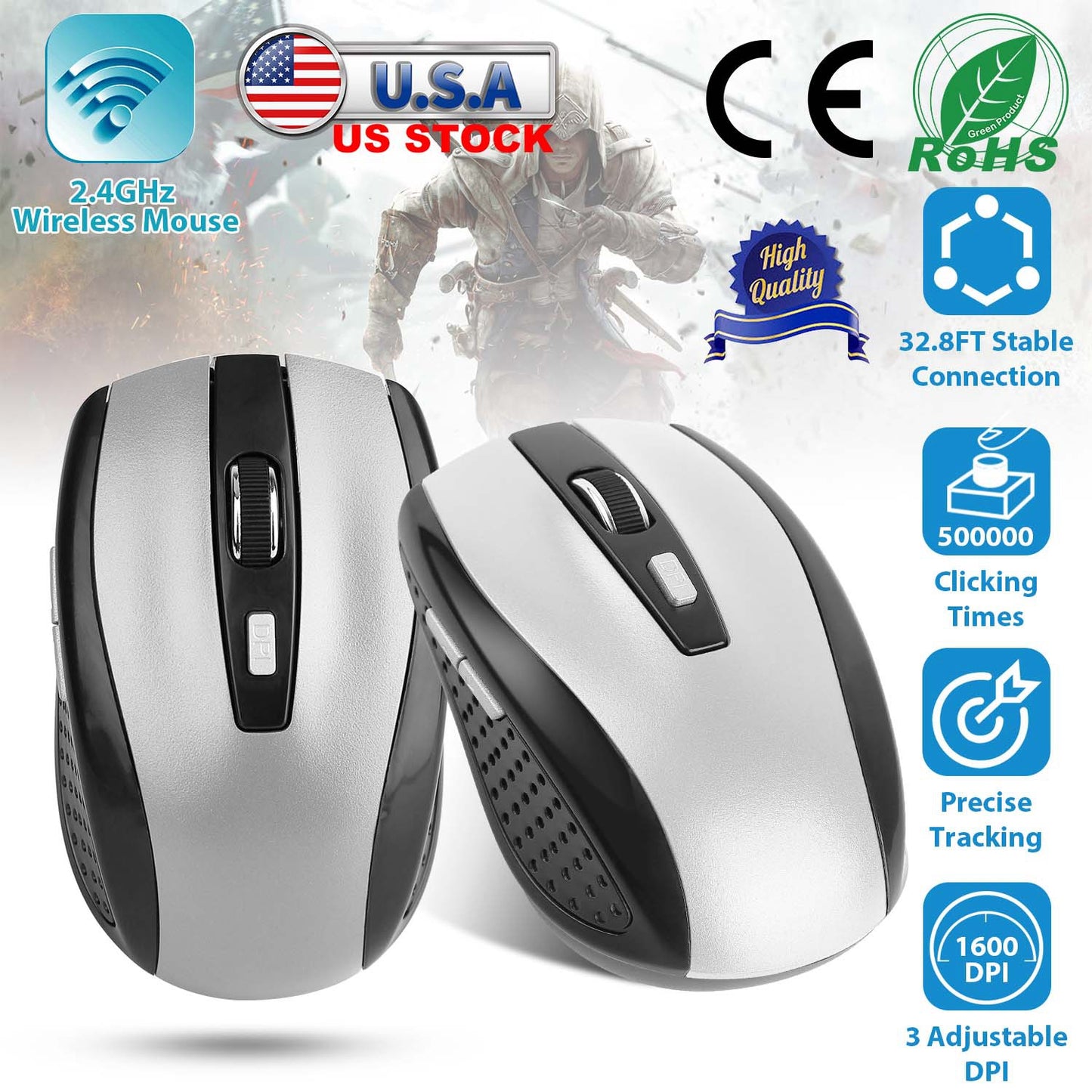 LJGelectro - 2.4G Wireless Gaming Mouse Optical Mice w/ Receiver 3 Adjustable DPI 6 Buttons For PC Laptop Computer Macbook