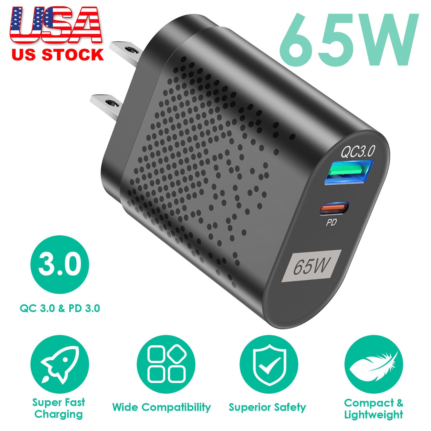 LJGelectro - 65W Type C Fast Wall Charger PD QC3.0 Adapter Fit for IOS Phone 14 13 12 11 Samsung S22 S21 Switch MacBook iPad