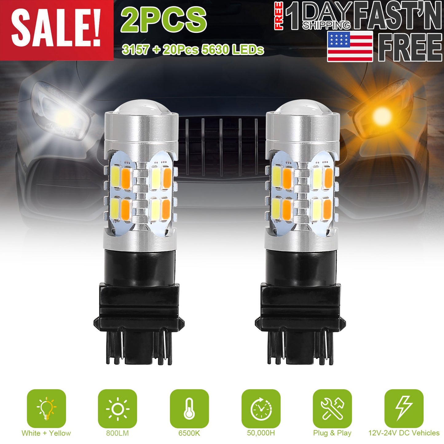 LJGelectro - 2 Pcs T25 3157 800LM Turn Signal Parking DRL LED Light Bulbs with LED Load Resistors Light Decoder Kit