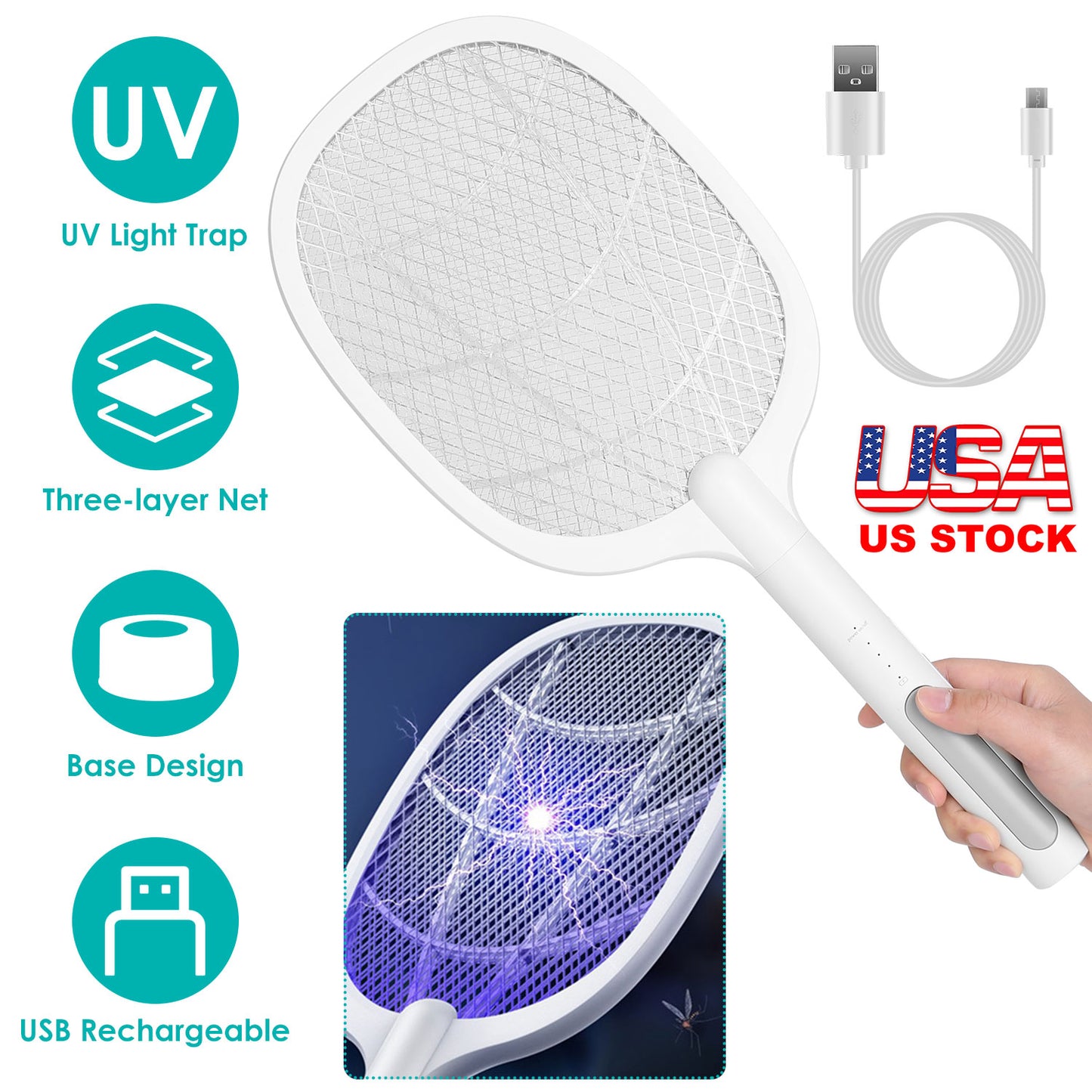 LJGelectro - 2 in 1 Electric Rechargeable Bug Zapper Mosquito Insect Killer Fly Swatter Mosquito Zapper Racket Mosquito Trap Catcher