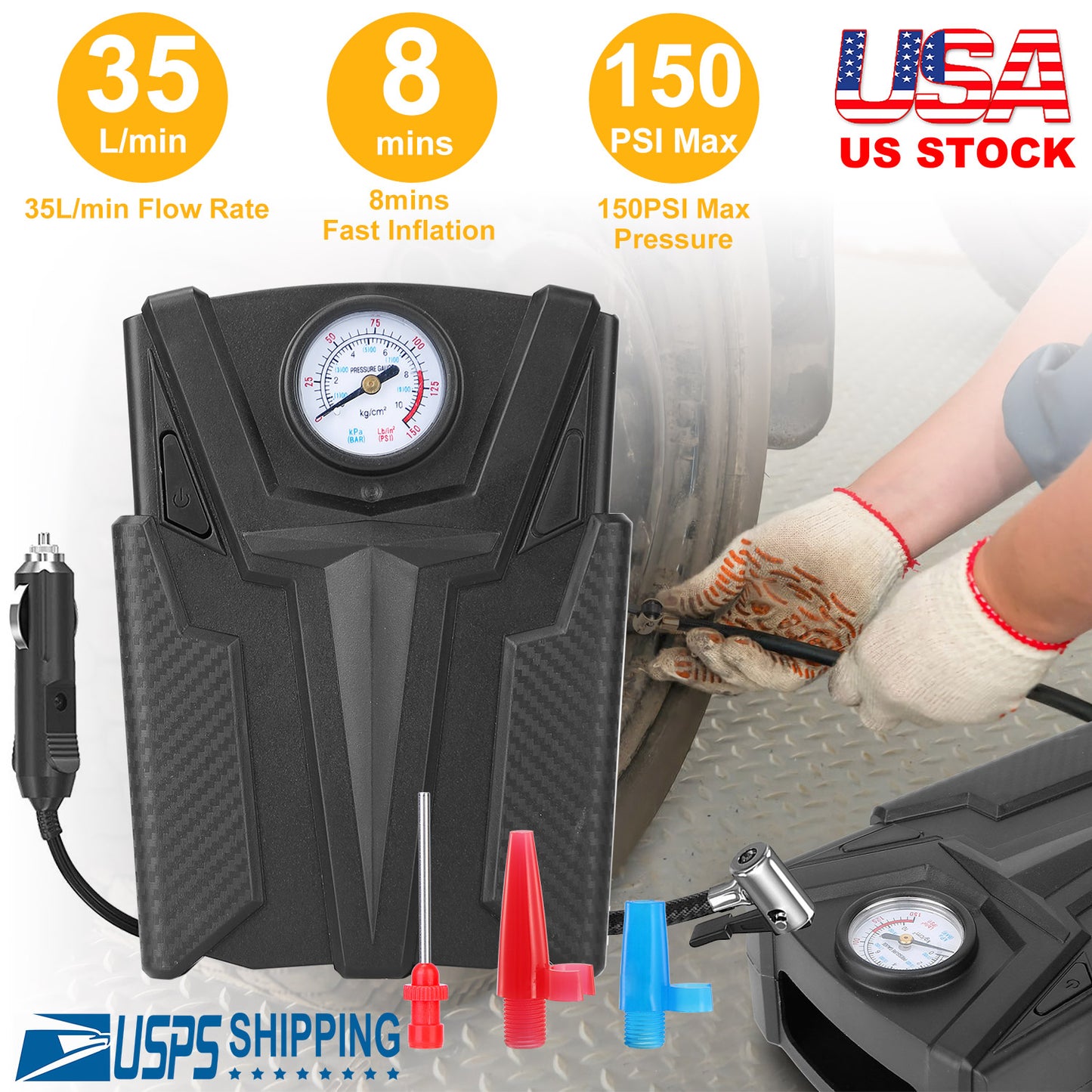 LJGelectro - Car Tire Air Pump Portable Air Compressor Pump DC 12V Car Tire Inflator Pump For Bicycle Motorcycle w/ Pointer