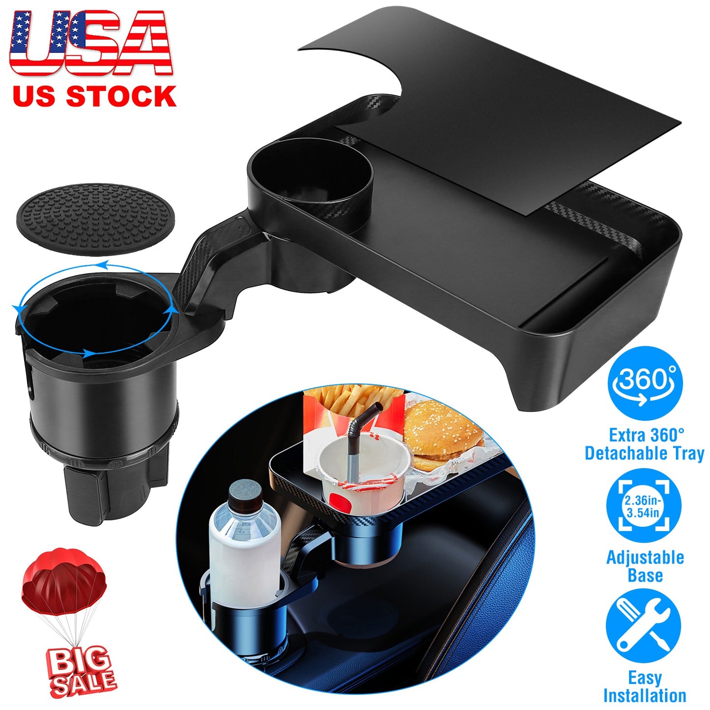 LJGelectro - Car Cup Holder Tray 360° Rotating Car Bottle Holder Expander Adapter Multifunctional Water Cup Mount Stand with Detachable Tray