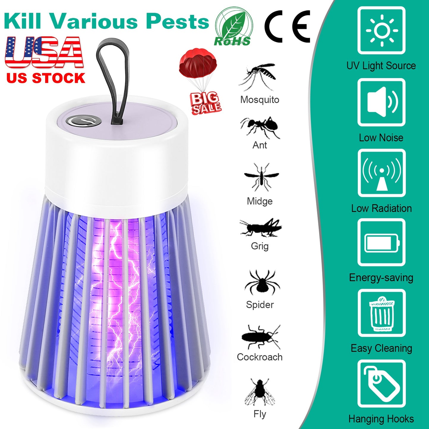 LJGelectro - Electric Bug Zapper Mosquito Insect Killer Lamp Portable LED Light Fly Trap Catcher w/ LED Light