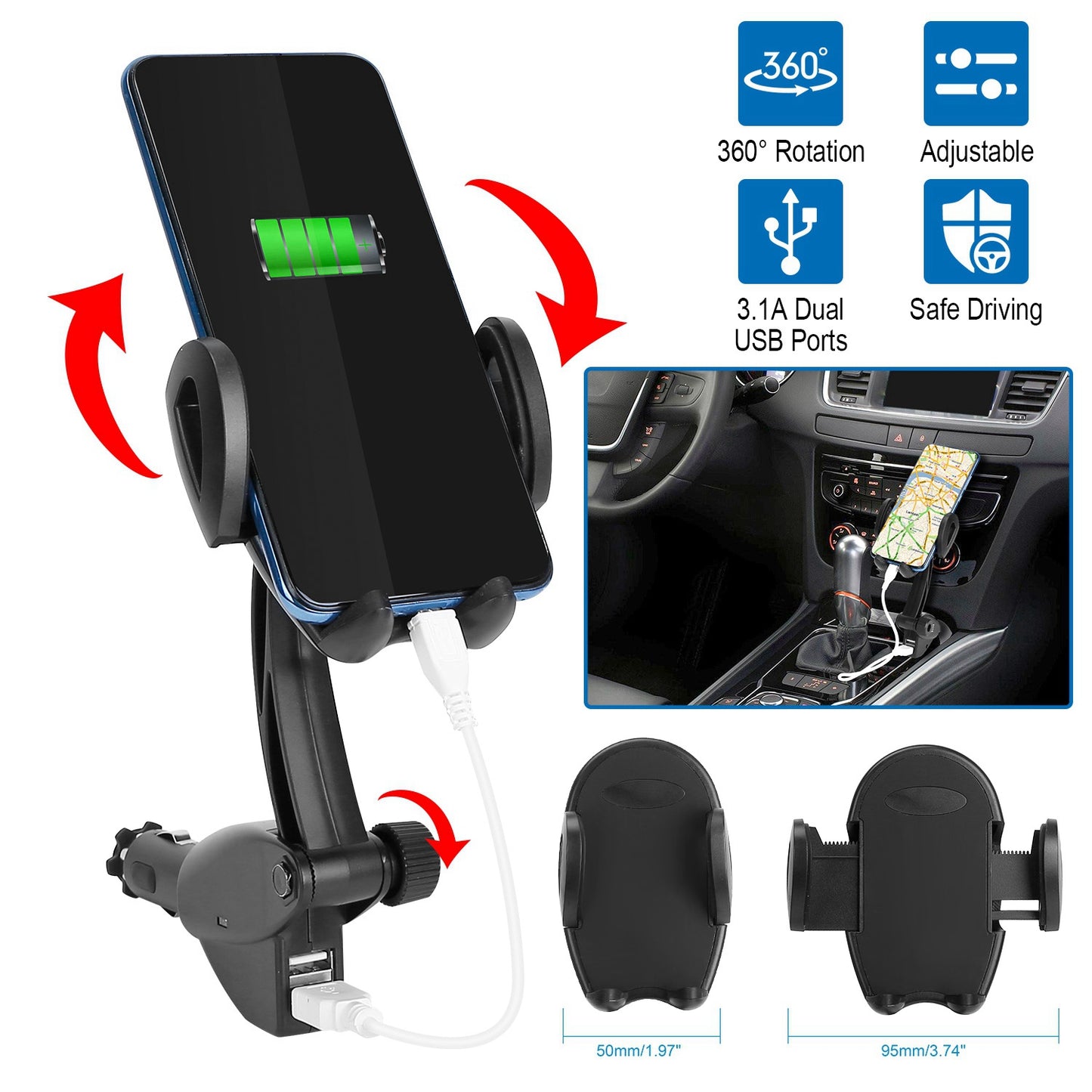 LJGelectro - 360° Rotation Car Phone Mount 3.1A Dual USB Cigarette Lighter Phone Holder Universal