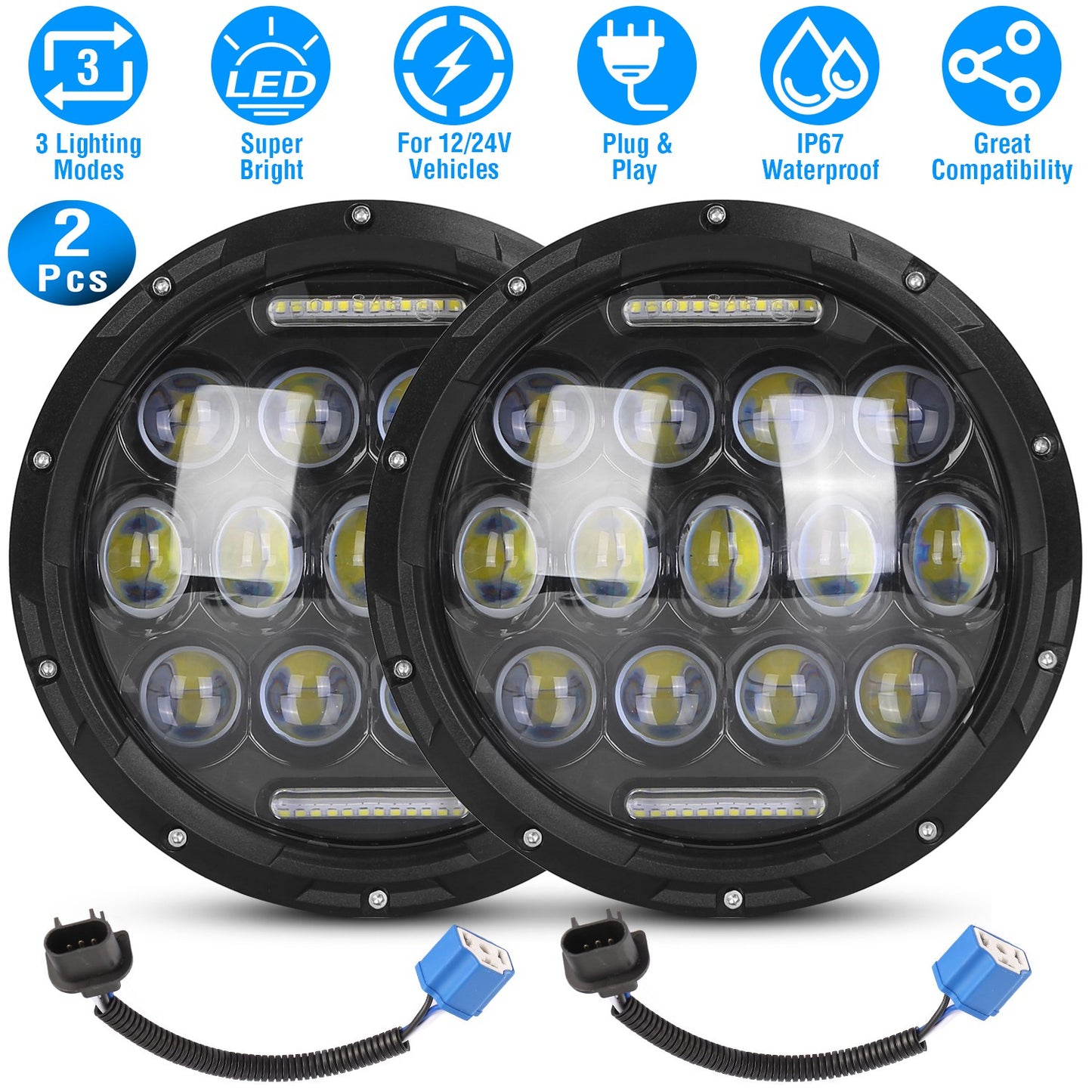 LJGelectro - 2Pcs 7In 75W Round LED Headlight 3800LM Halo Car Headlamp with DRL High Low Beam for Jeep Wrangler TJ JK CJ with H4 to H13 Adapters Plug and Play