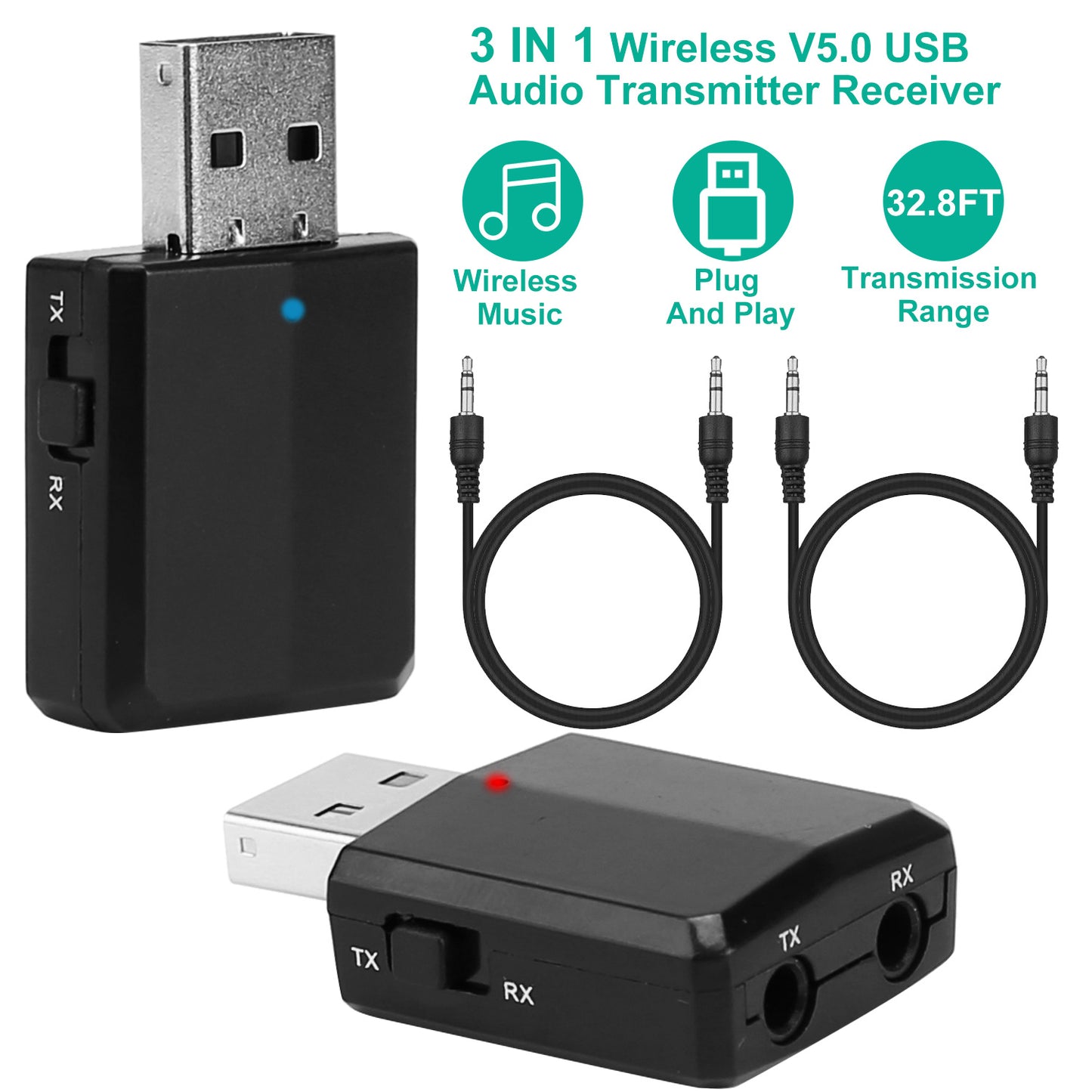 LJGelectro - 3 IN 1 Wireless V5.0 USB Audio Transmitter Receiver EDR Adapter Music Streaming For TV PC Headphones Car w/ 3.5mm Cable