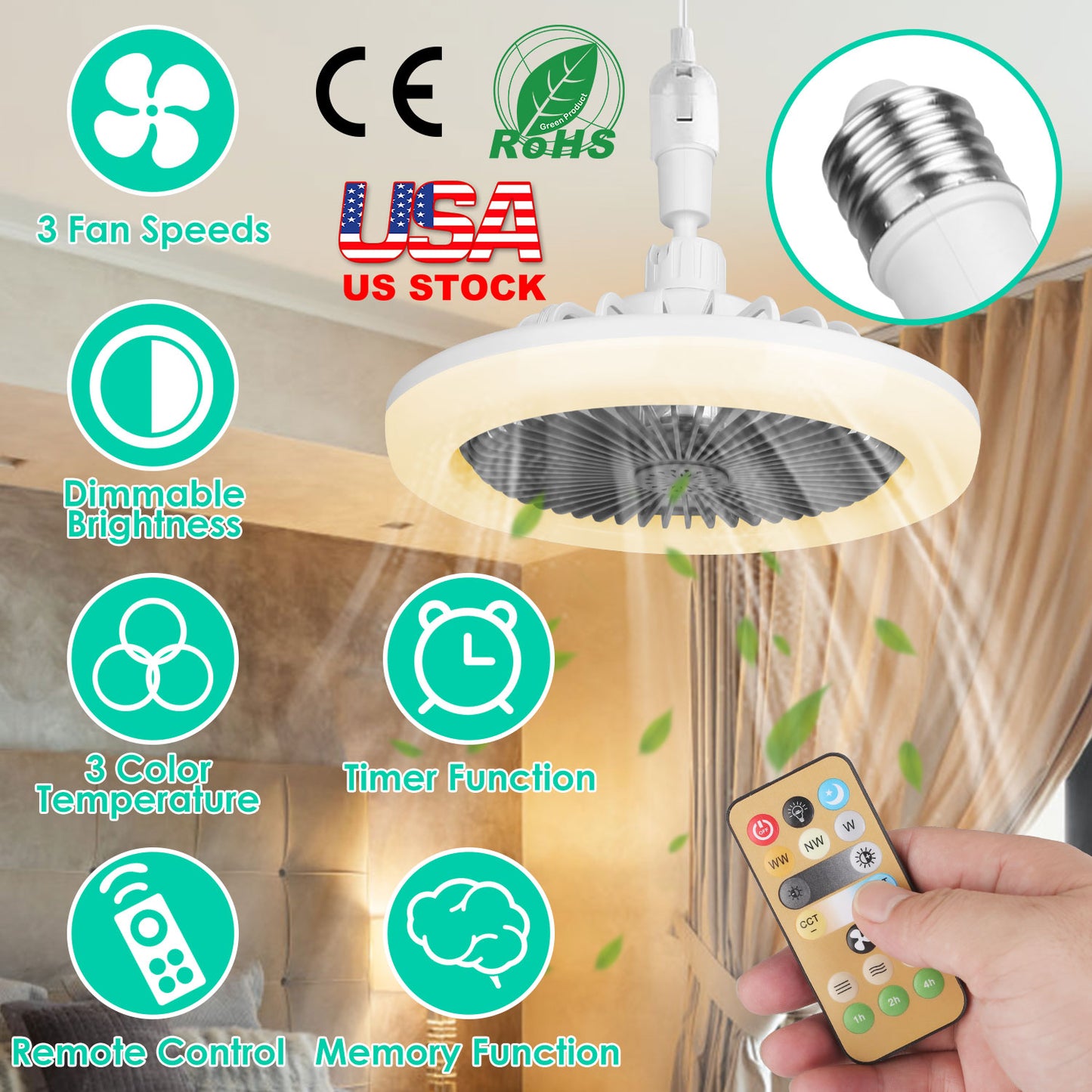 LJGelectro - Ceiling Fan With Lights Remote Control 9.44in E27 Socket Fanlight with Dimmable Dimming Light Color Brightness 3 Fan Speed Timer Function