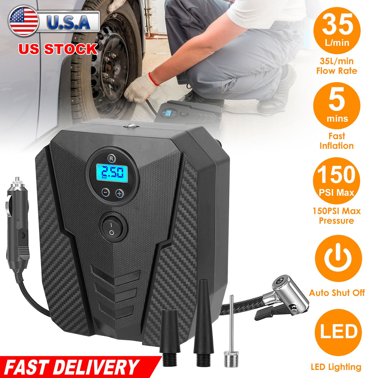 LJGelectro - Portable Car Tire Inflator DC 12V Digital Car Air Pump Compressor Electric Air Pump w/LED Light 150PSI