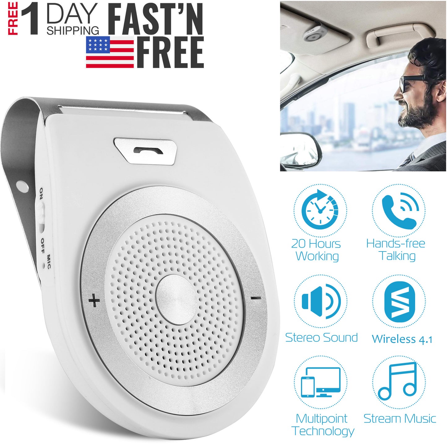 LJGelectro - Car Wireless Speakerphone Wireless V4.1 In-Car Speaker Hands-free Calling Music Player Sun Visor Audio Receiver Car Kit