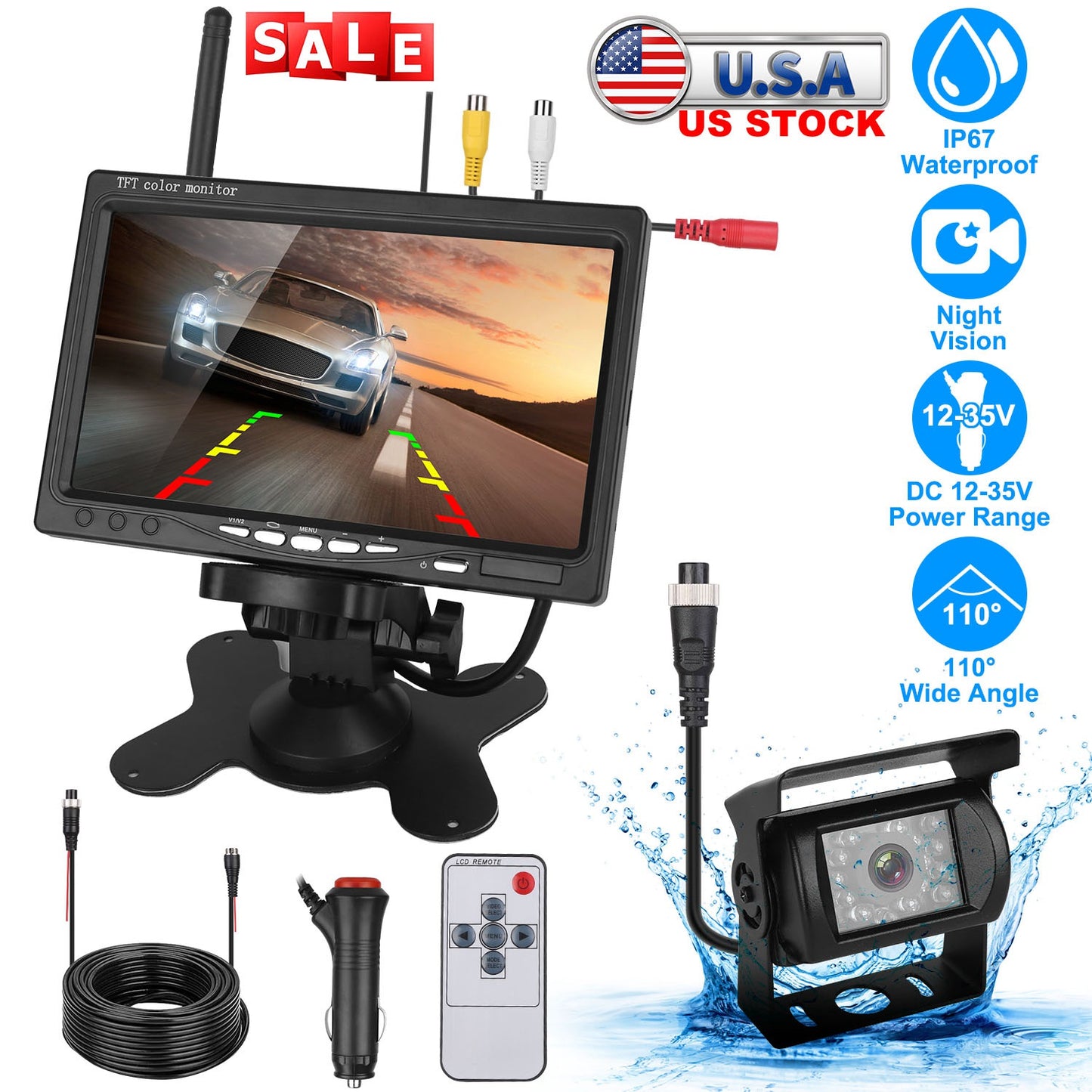 LJGelectro - Wireless Backup Camera System Vehicle Rear View Monitor Kit IP67 Waterproof Car Parking Reverse System with 7In Screen Night Vision 2.4G Stable Signal