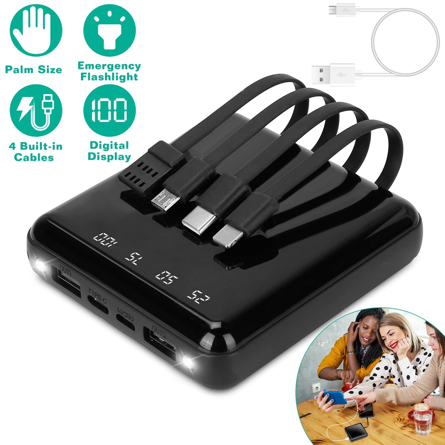 LJGelectro - 10000mAh Portable Charger Power Bank External Battery Pack w/ 4 Built-in Cables w/ LED Flashlight