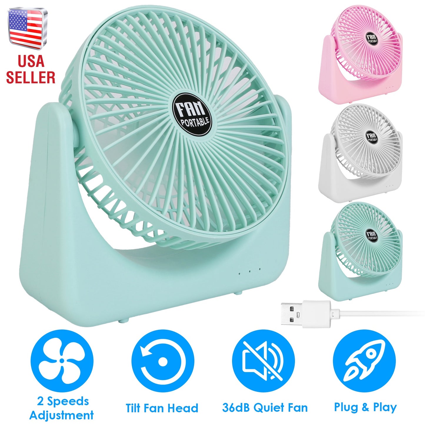 LJGelectro - 6.5in Desk Fan USB Powered 2 Speeds Table Cooling Fan Tilt Quiet Desktop Fan for Bedroom Office