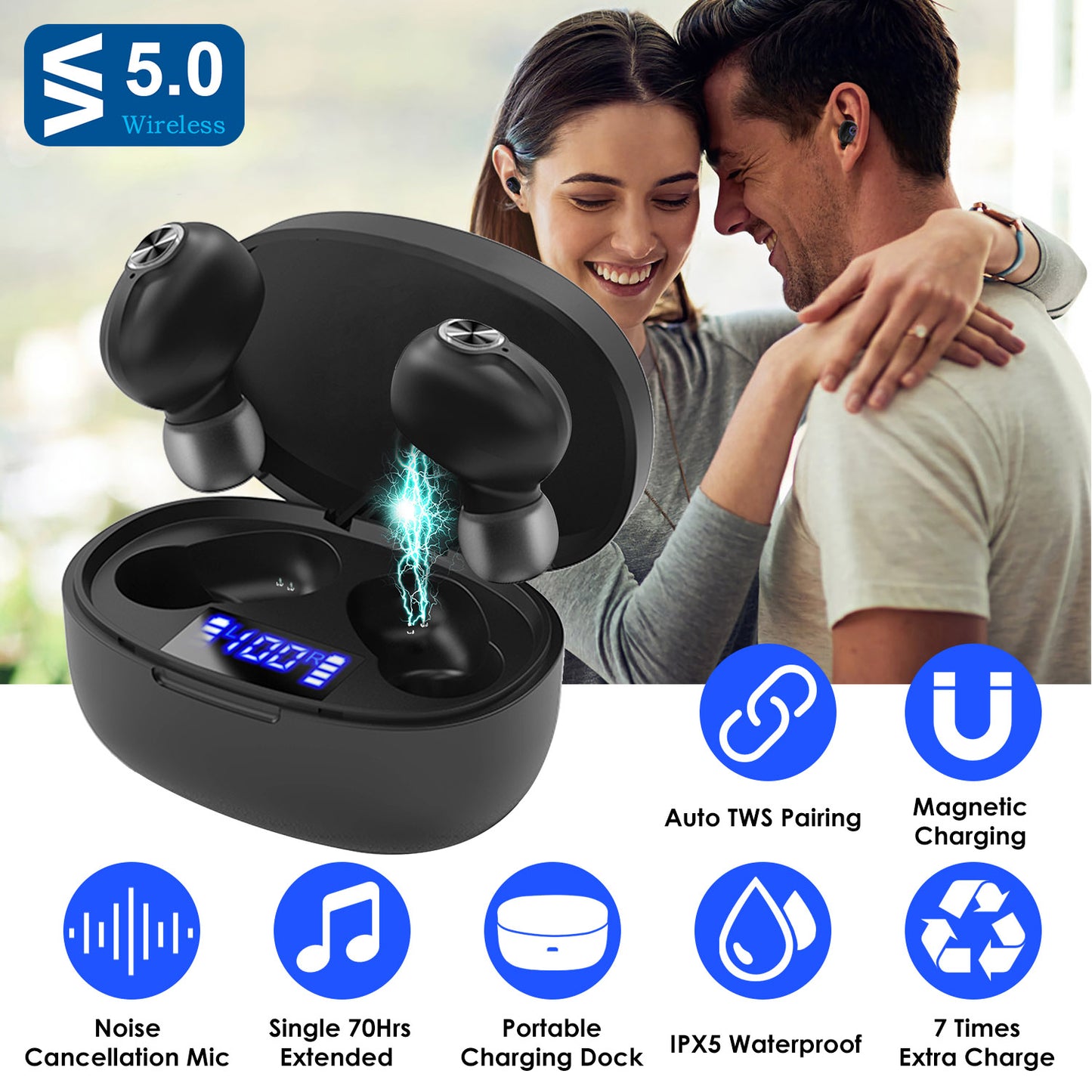 LJGelectro - TWS Wireless 5.0 Earbuds In-Ear Stereo Headset Noise Canceling Earphone Headsets w/Mic Magnetic Charging Dock For Driving Working Travelling