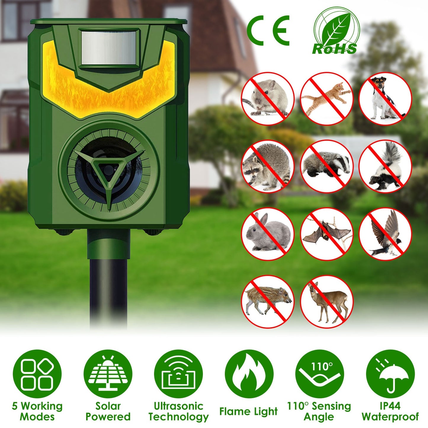 LJGelectro - Solar Ultrasonic Animal Repeller with Flame Light USB Charge Motion Sensor Animal Repellent Chaser IP55 Waterproof Dog Raccoon Fox Skunk