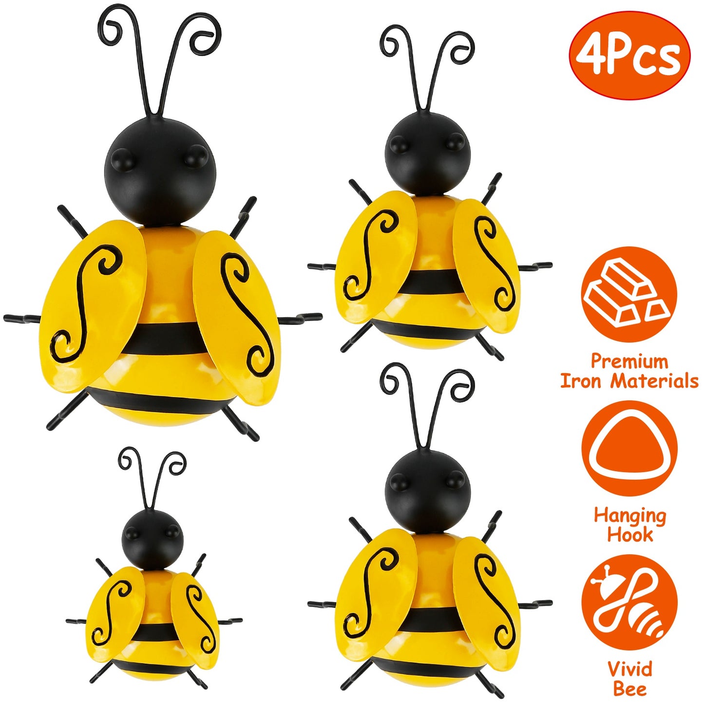 LJGelectro - 4Pcs Bumble Bee Set Ornament 3D Iron Hanging Bee Wall Decor Art Sculpture Statues Decorations For Fence Lawn Bar Living Room