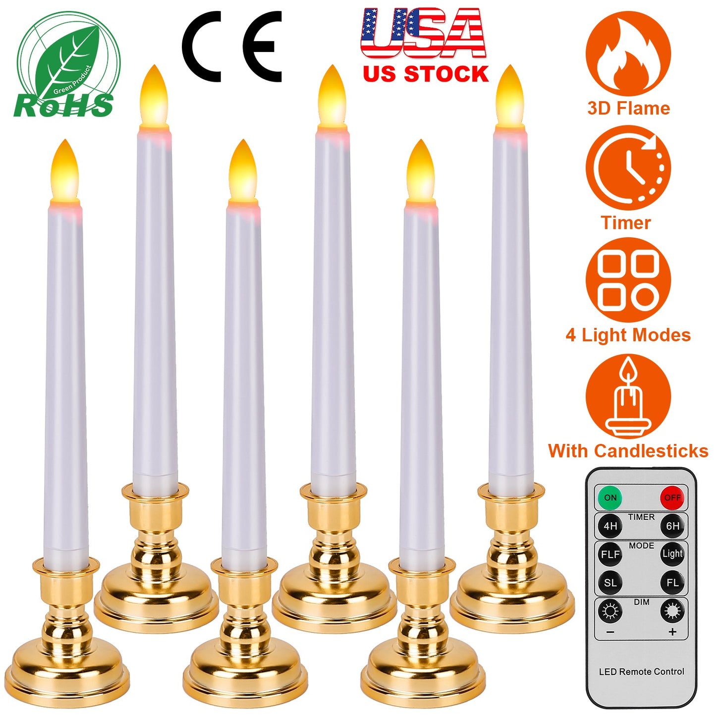 LJGelectro - 6 Packs Flameless Taper Candles 9.8in Electric LED Candles Warm White w/ 4 Light Modes Remote Control Timer Removable Candlesticks