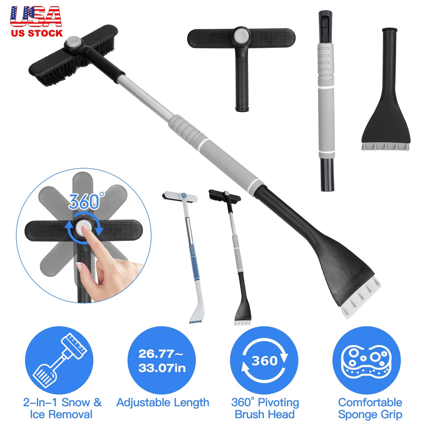 LJGelectro - 2 In 1 Ice Scraper Extendable Car Snow Brush Telescopic Snow Removal Tool Automobile Snow Shovel Frost Removal with 360° Pivoting Brush Head Sponge Gr