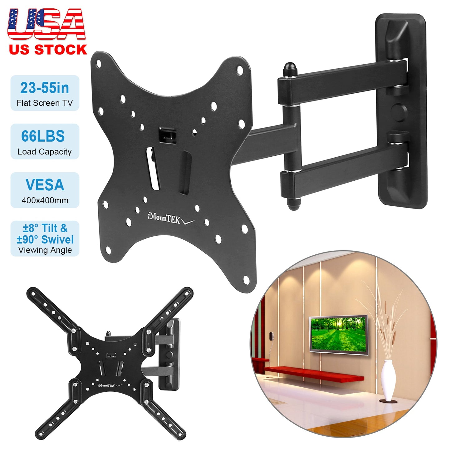 LJGelectro - Fixed TV Wall Mount Bracket For 23-55in LED/LCD/PLASMA Flat TV VESA 400x400mm ±8° Tilt ±90° Swivel