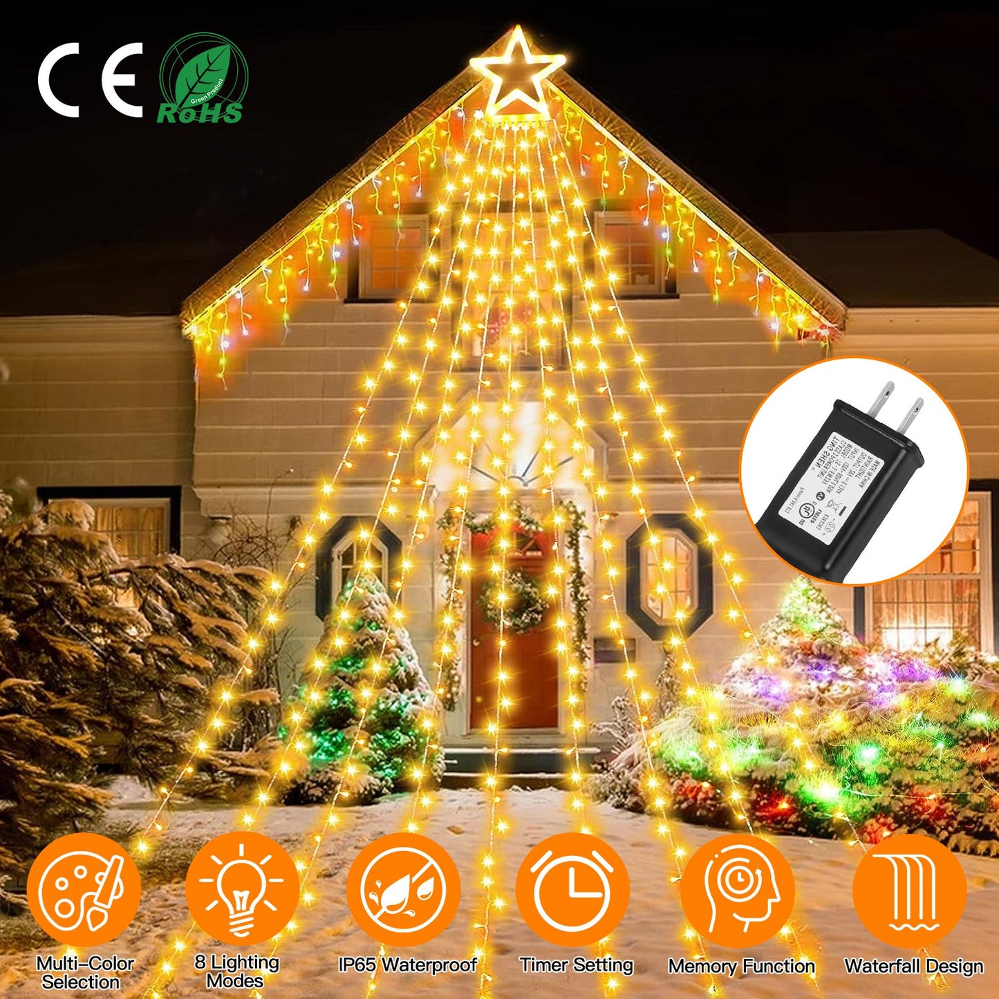 LJGelectro - Christmas Hanging Waterfall String Light with Topper Star IP65 Waterproof Outdoor Plug In Fairy Waterfall Tree Light with 8 Lighting Modes Timer Memor