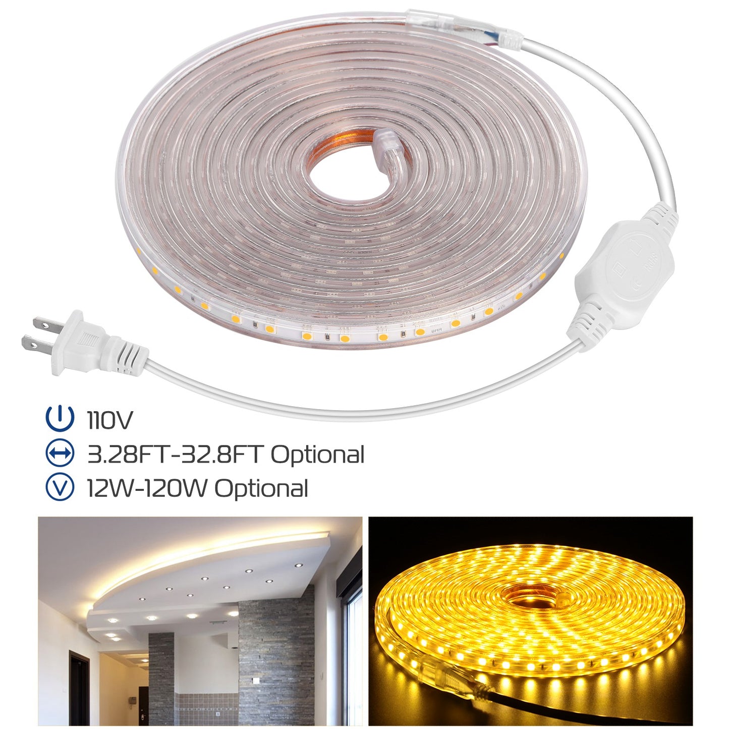 LJGelectro - 32.8ft/10m LED Strip Light 110V IP65 Waterproof 2500LM Dimmable Rope Light SMD 5050 6000K Cold White Warm