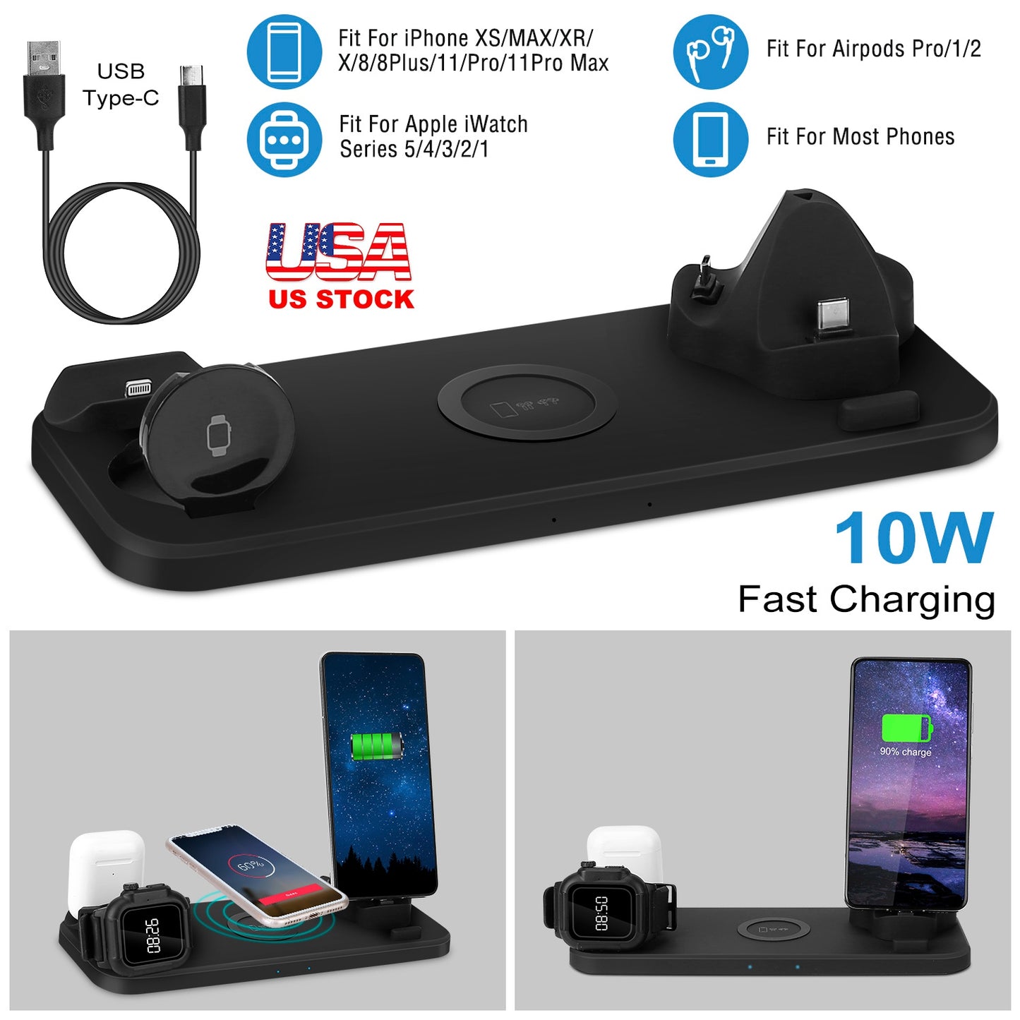 LJGelectro - 6 In 1 Qi Wireless Charger 10W Fast Charging Station Fit For iWatch 5/4/3/2/1 Airpods Pro/1/2 IOS phone Xs/MAX/XR/X/8/8Plus/11/Pro/11Pro max Galaxy No