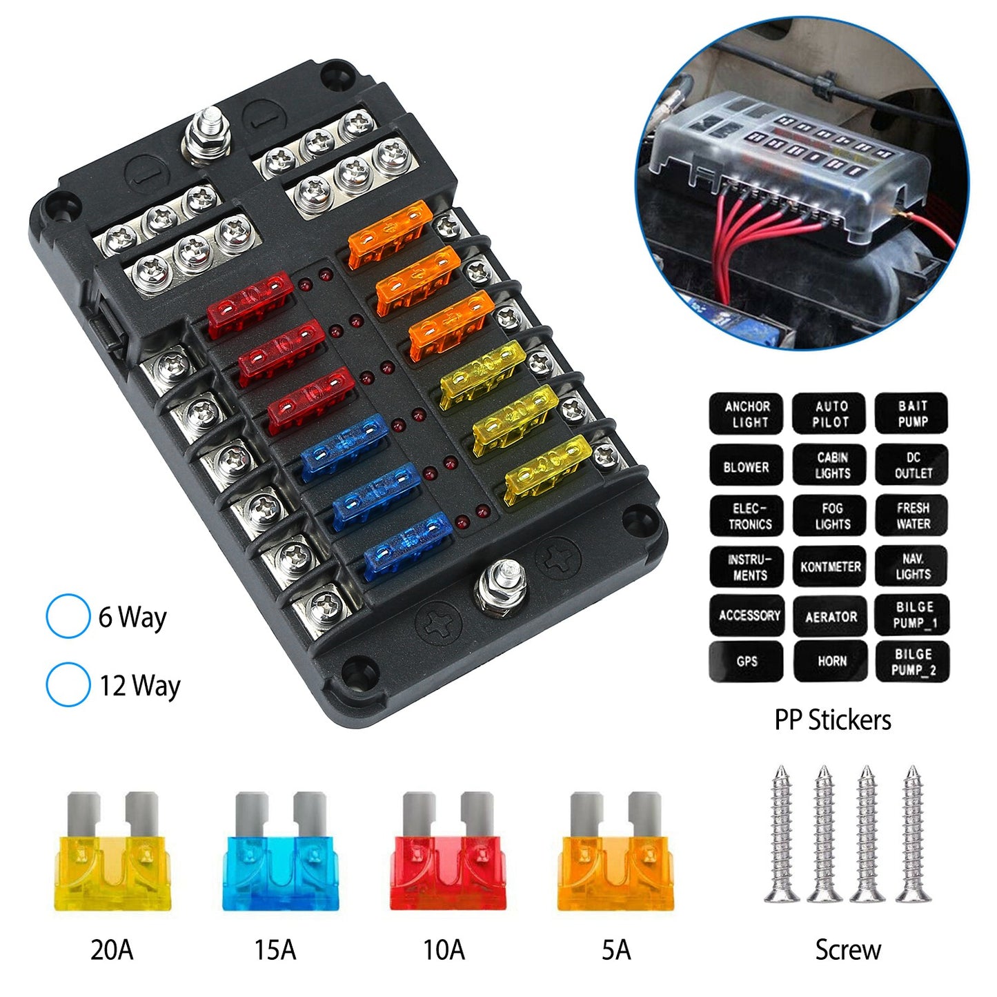 LJGelectro - 6-Way Fuse Box Holder w/ LED Indicator 6 Circuit Blade Fuse Block Sticker Label For 12-32V Automotive Boat Car SUV Marine