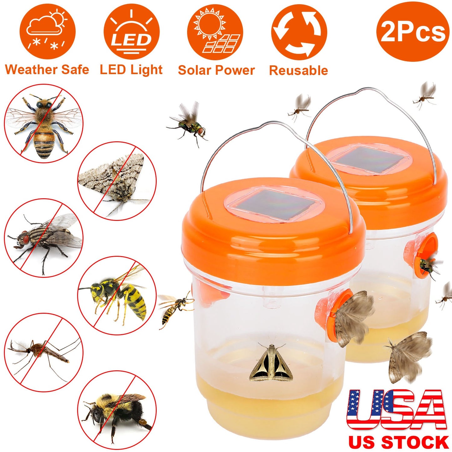 LJGelectro - 2Pcs Solar Powered Outdoor Wasp Trap Hanging Fly Catcher Reusable Bee Killer with UV Light to Trap Yellow Jacket Hornet Wasp Bee