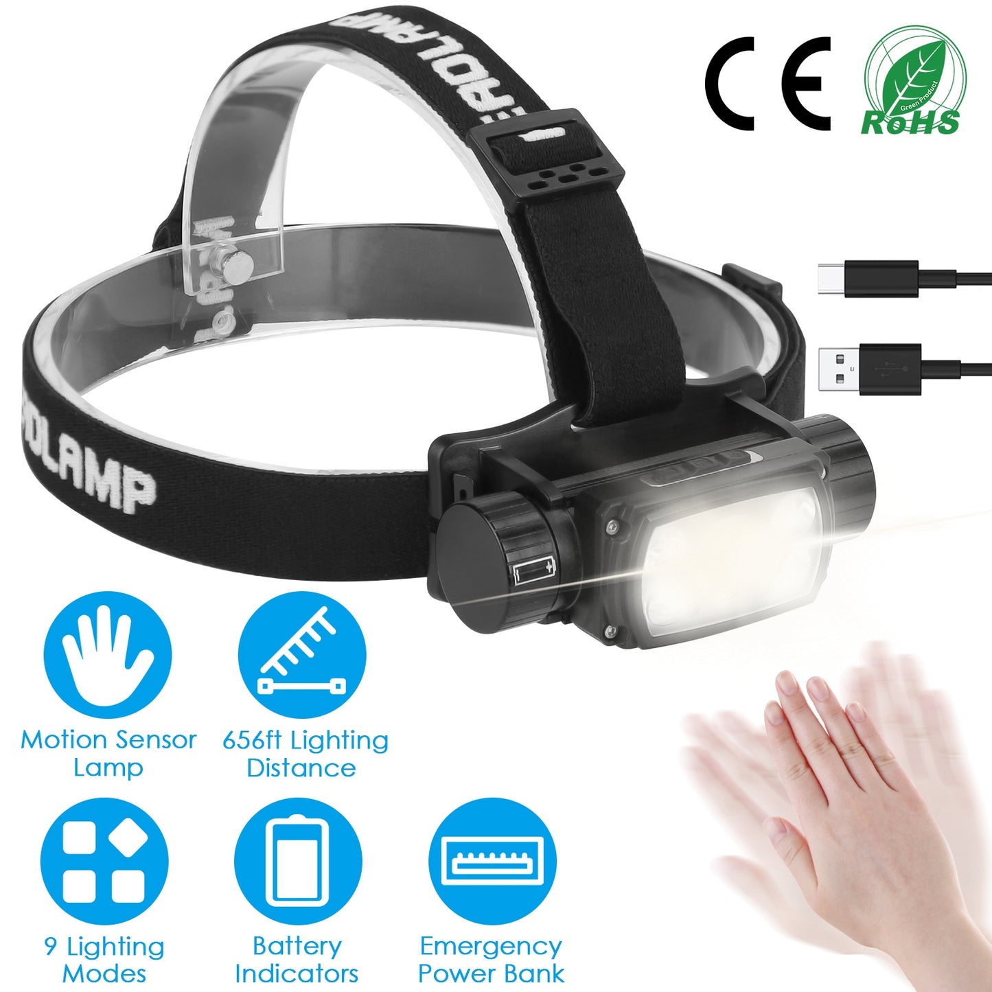 LJGelectro - Rechargeable Motion Sensor Headlamp 9 Light Modes Hand Wave Headlight Phone Charging Torch Flashlight for Fishing Running Camping Hiking