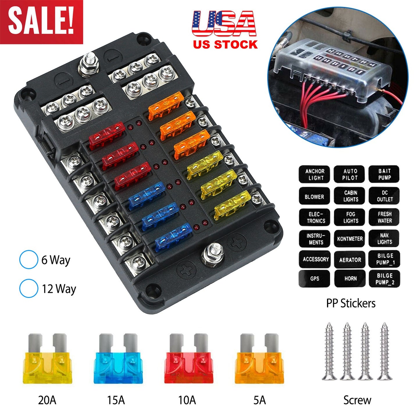 LJGelectro - 6-Way Fuse Box Holder w/ LED Indicator 6 Circuit Blade Fuse Block Sticker Label For 12-32V Automotive Boat Car SUV Marine