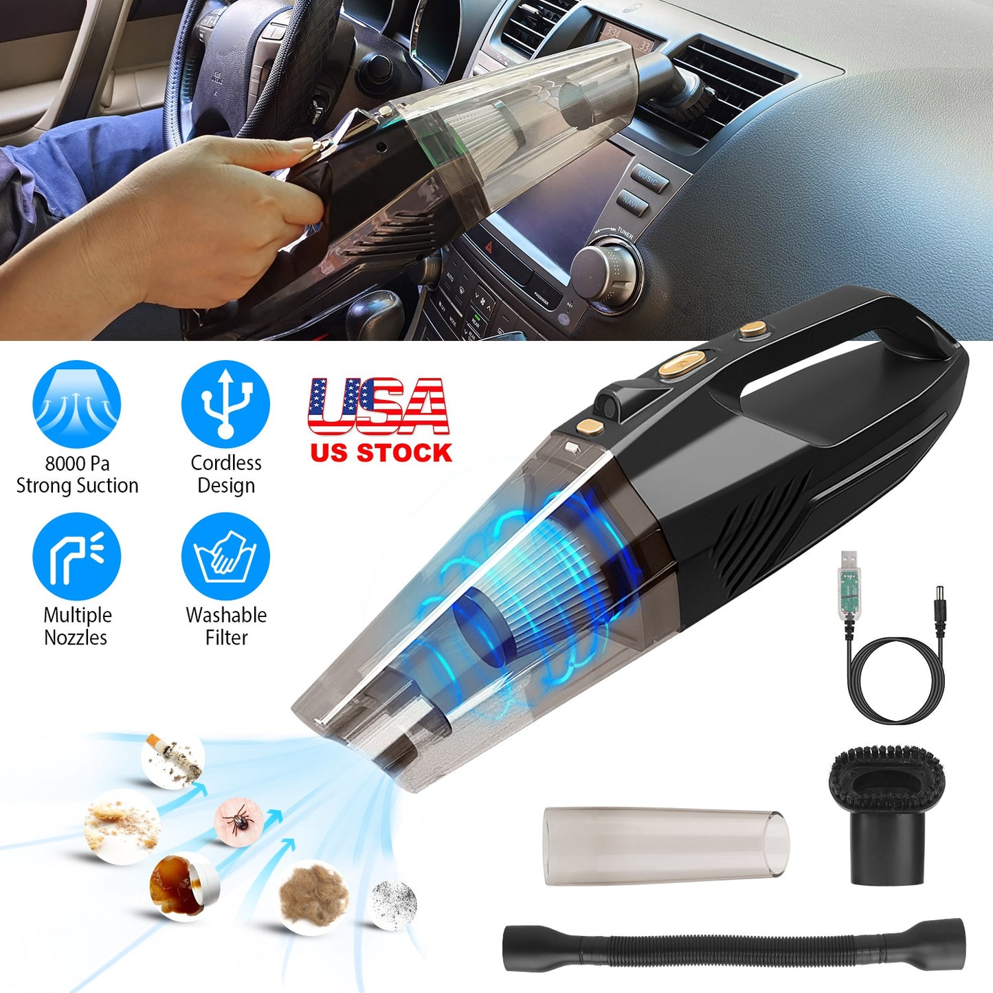 LJGelectro - Handheld Cordless Car Vacuum Cleaner 120W 8000PA DC 12V Car Auto Home Duster Wet Dry Powerful Suction with Accessory Kit