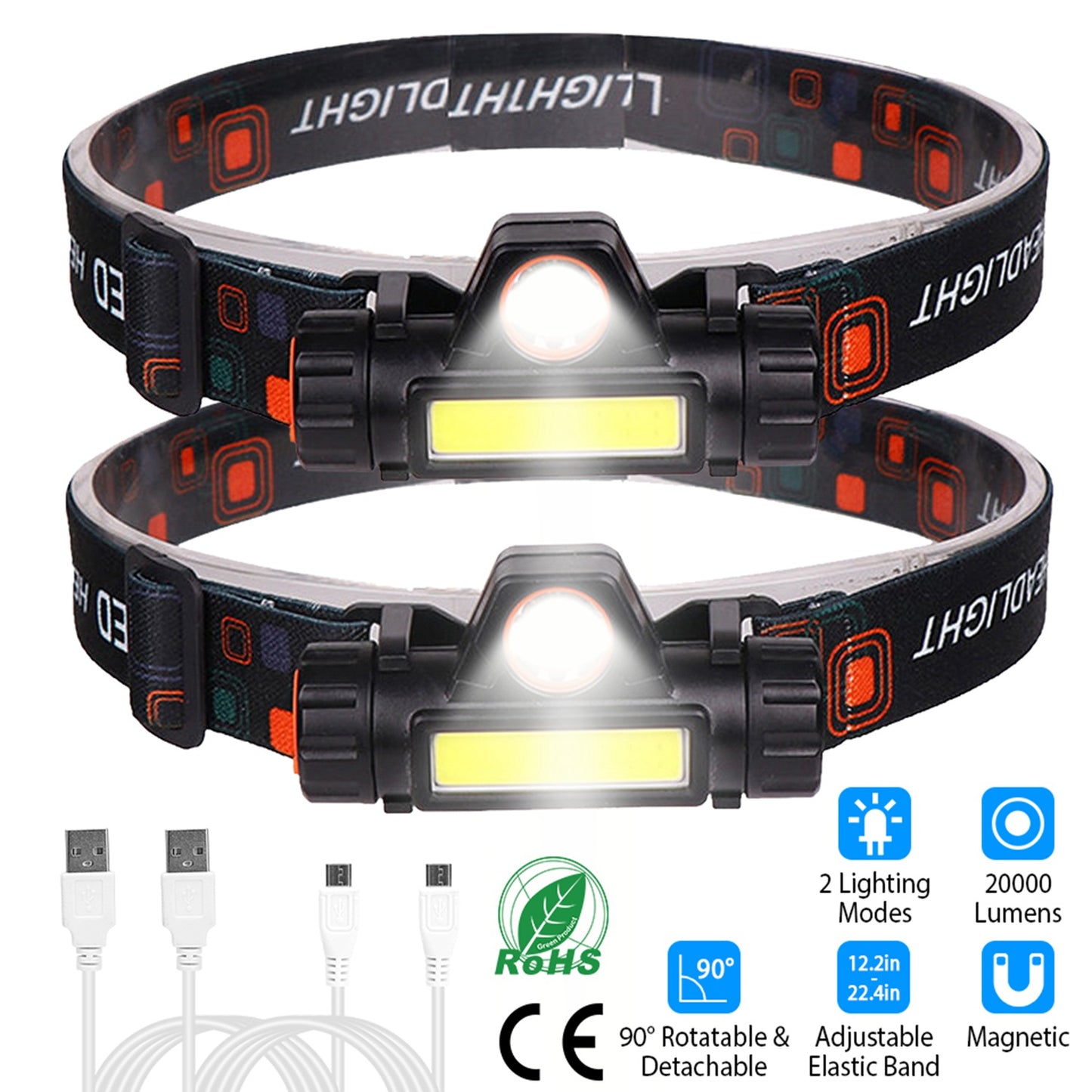 LJGelectro - 2 Packs Rechargeable Headlamp IPX4 Waterproof Headlight Flashlight Hand-free Head Torch for Fishing Camping Hiking Running