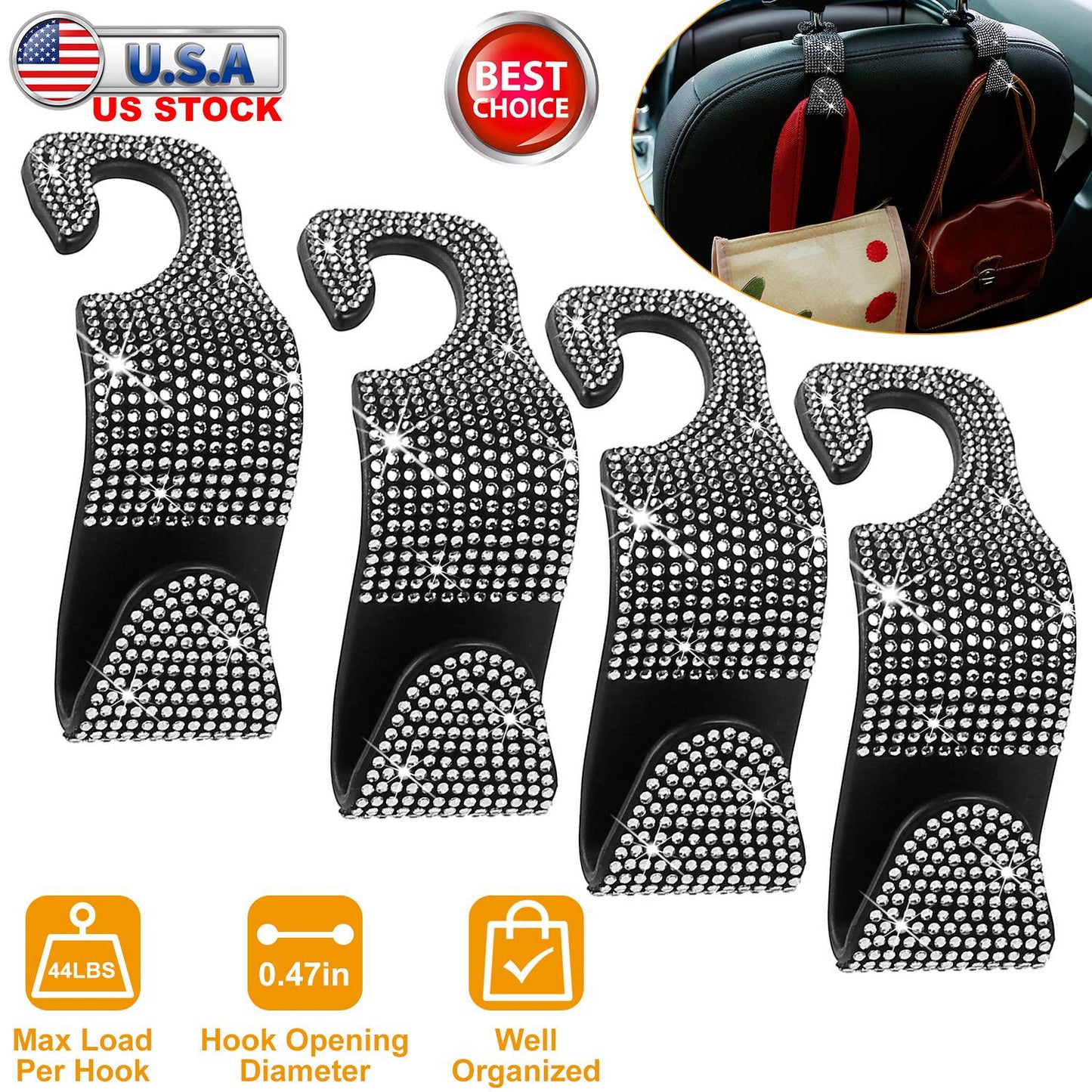 LJGelectro - 4Pcs Car Headrest Hooks Bling Rhinestones Back Seat Organizer Hanger Holder For Bag Purse Cloth Grocery Umbrellas