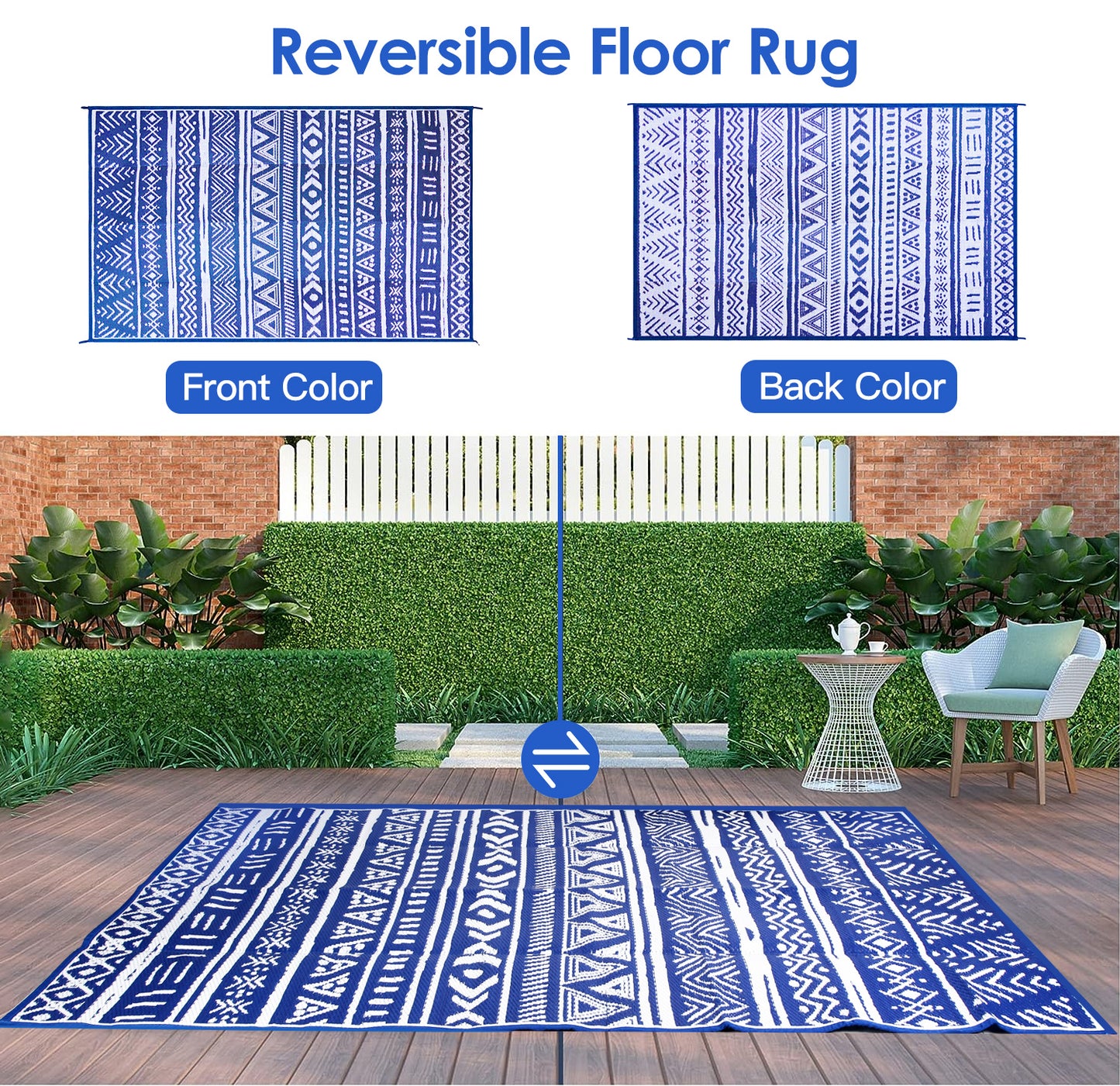 LJGelectro - 4.98x8FT Reversible Outdoor Rug Waterproof Mat with Storage Bag Portable Plastic Carpet Indoor Outdoor Activity for Picnic Patio Deck RV Trip Blue & W