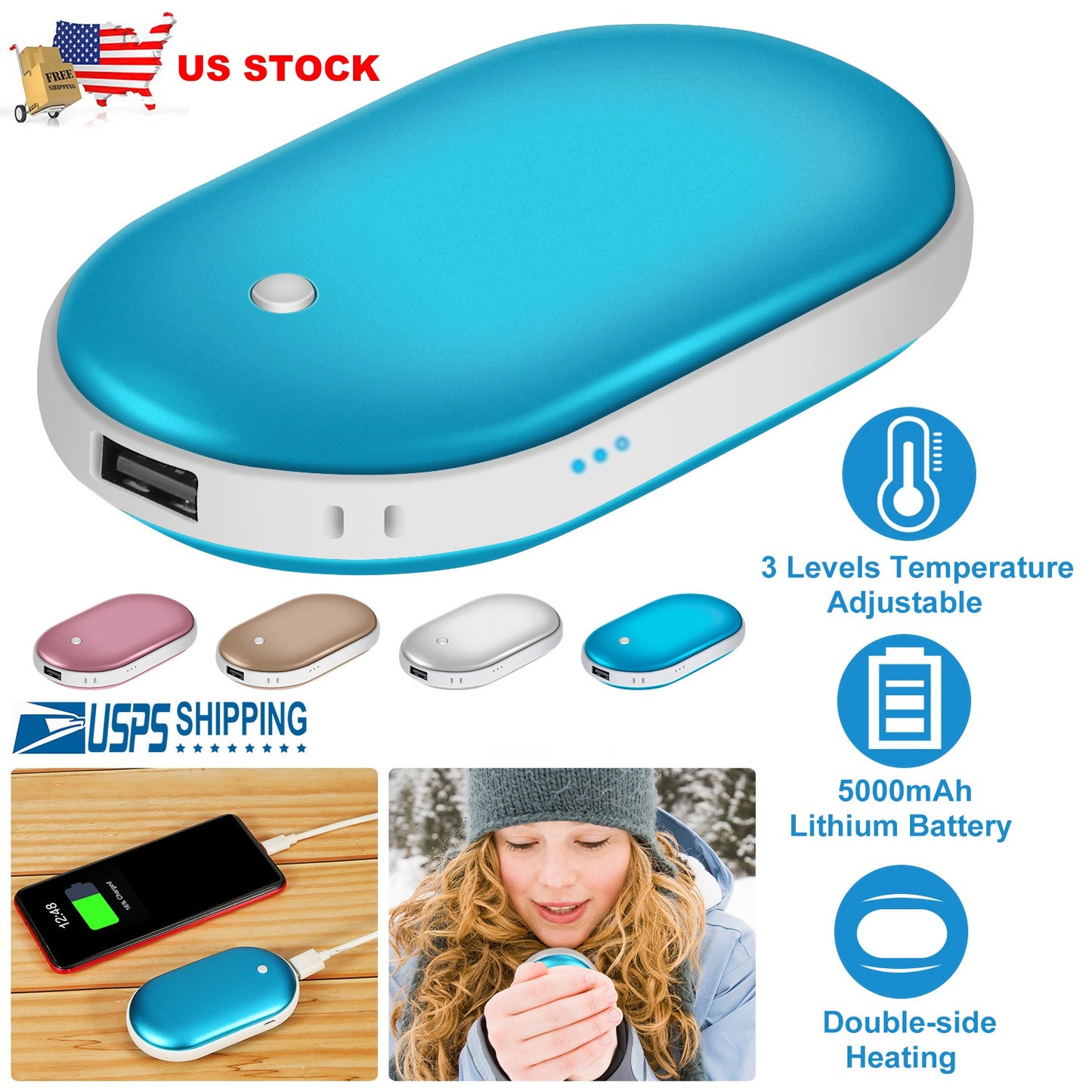 LJGelectro - Portable Hand Warmer 5000mAh Power Bank Rechargeable Pocket Warmer Double-Sided Heating Handwarmer