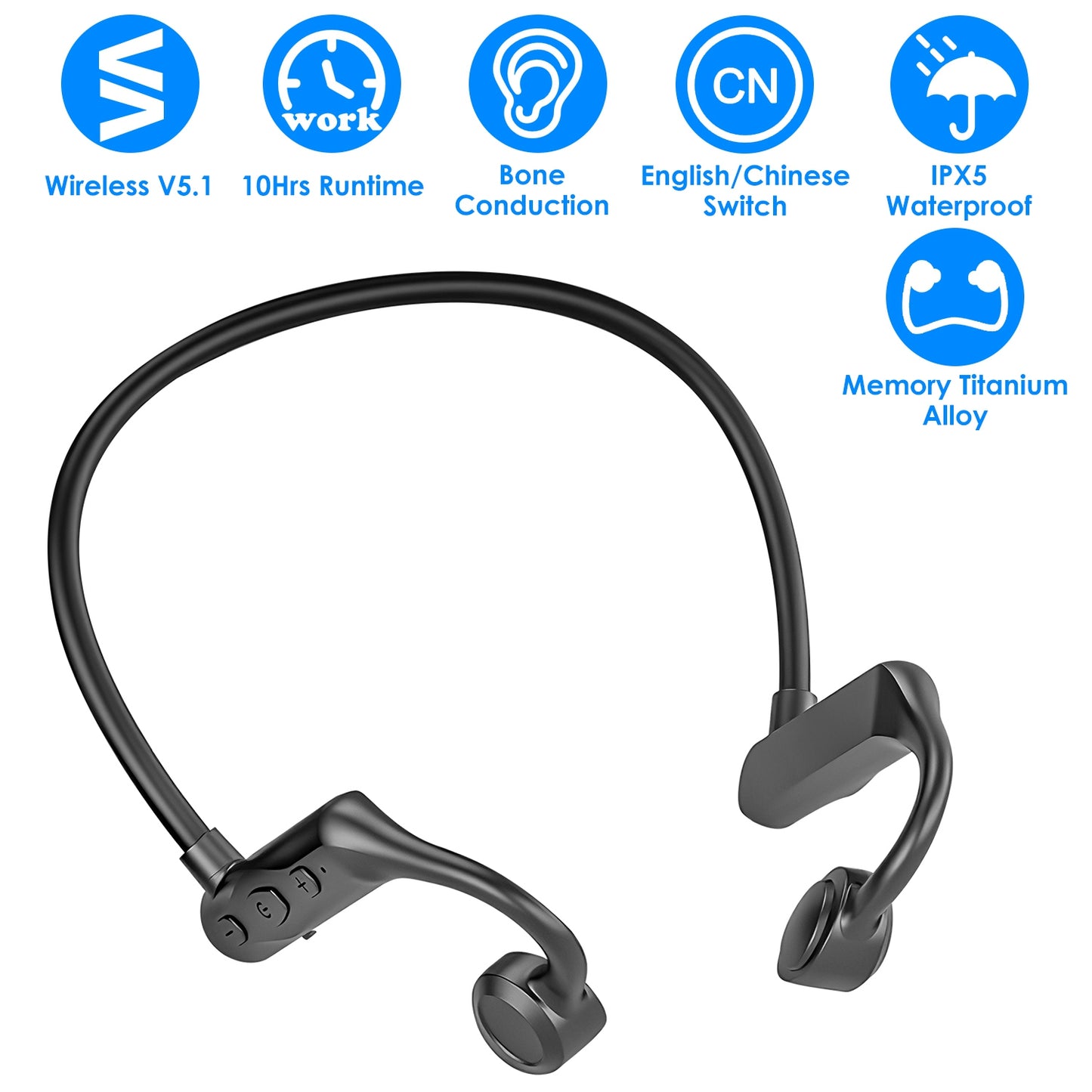 LJGelectro - IPX5 Waterproof Wireless V5.1 Bone Conduction Earphones Open-Ear Wireless Headsets Music Sport Wireless Open Hook Earphone with Sensitive Mic For Busi