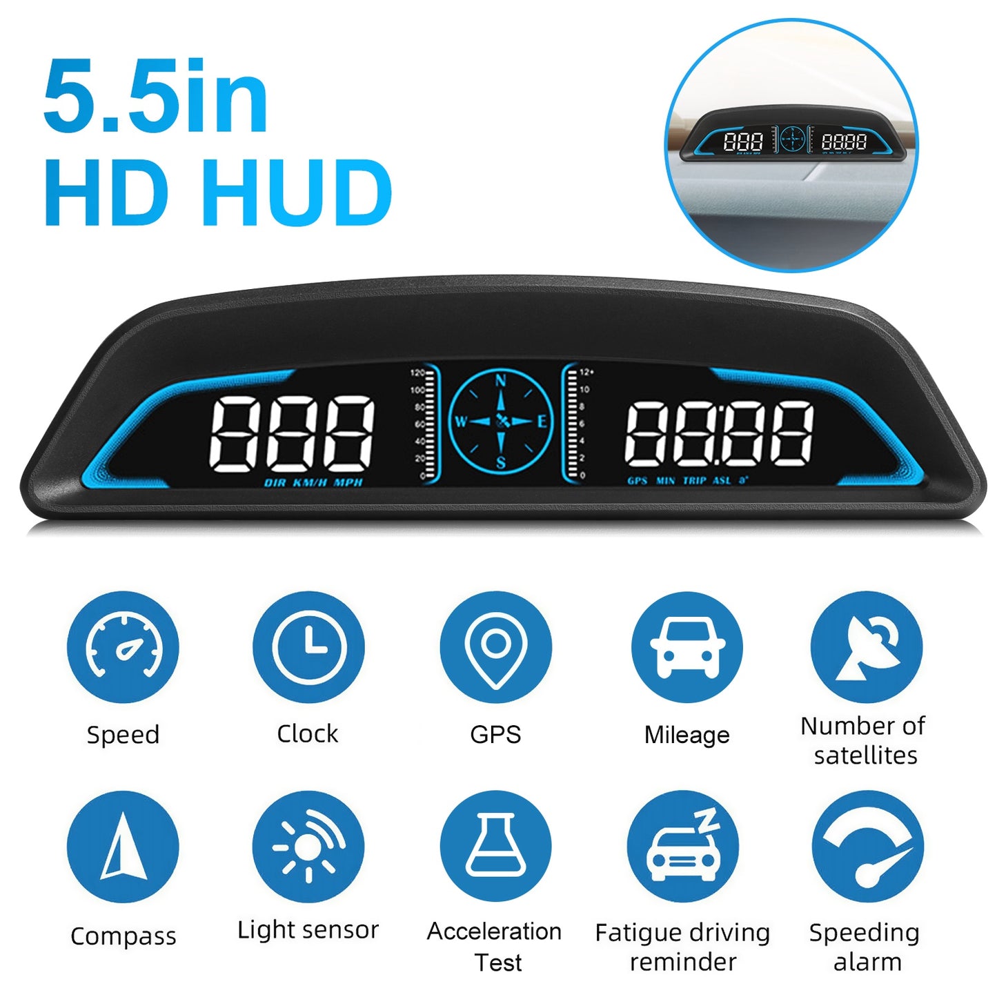 LJGelectro - Universal Car HUD GPS Head up Display Speedometer Odometer with Acceleration Time Compass Altitude Driving Distance Over Speed Alarm HD LED Display fo