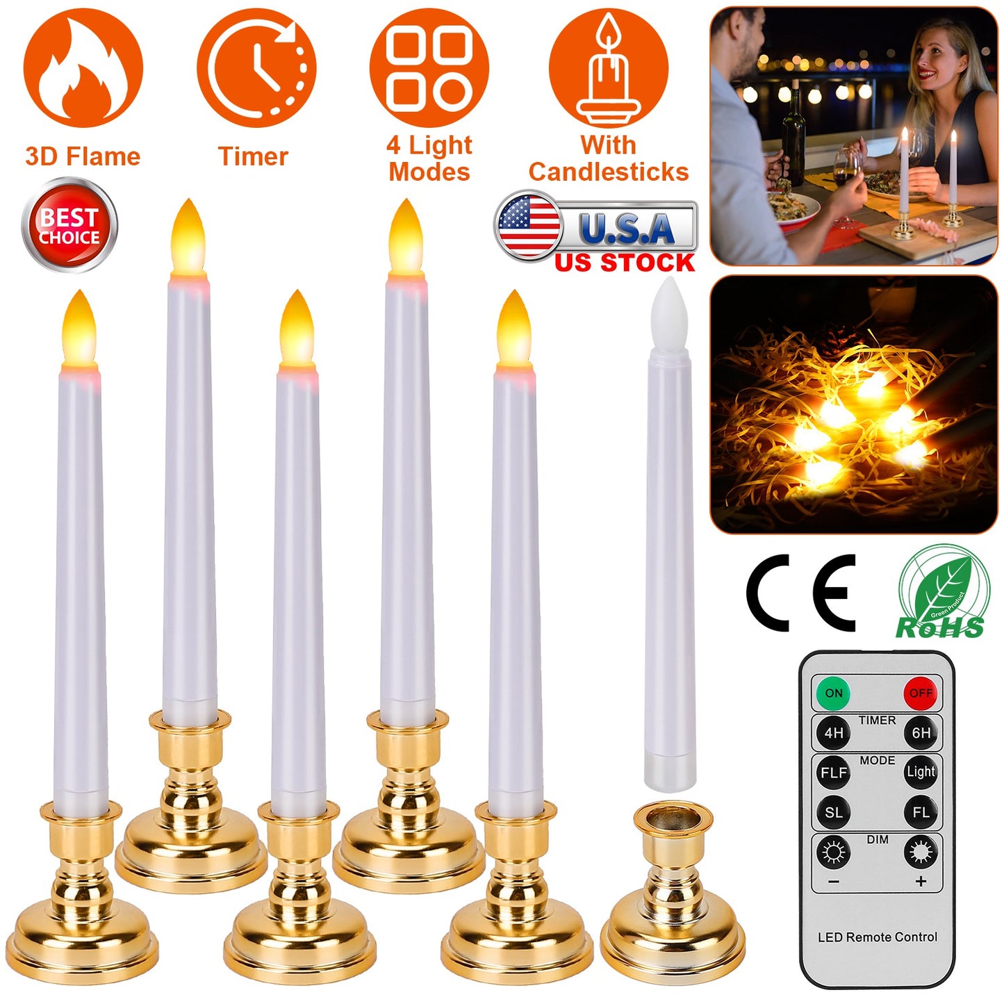 LJGelectro - 6 Packs Flameless Taper Candles 9.8in Electric LED Candles Warm White w/ 4 Light Modes Remote Control Timer Removable Candlesticks