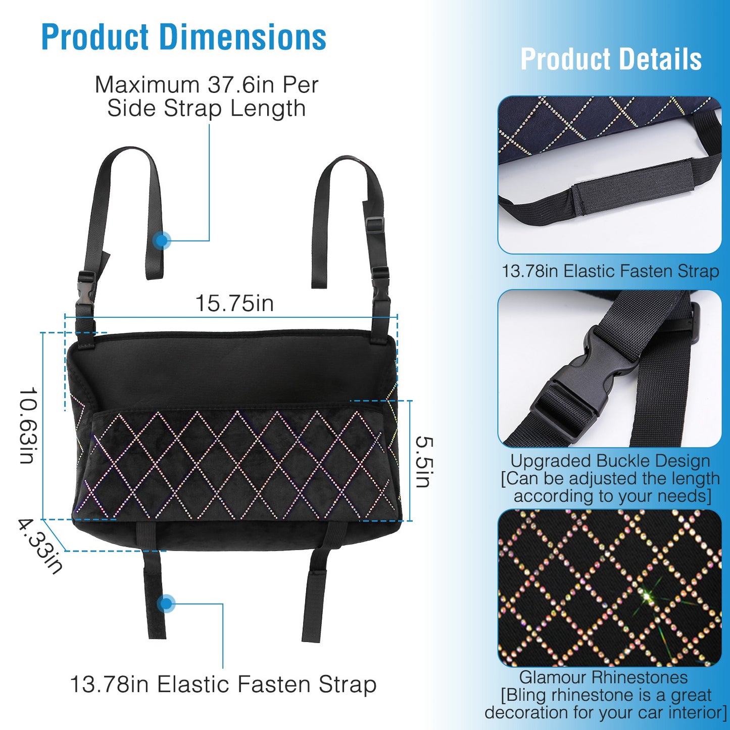 LJGelectro - Car Handbag Purse Holder for Front Seat Storage Net Bag Pocket for Car Between Seats Rhinestone Bling Women Automotive Organizer