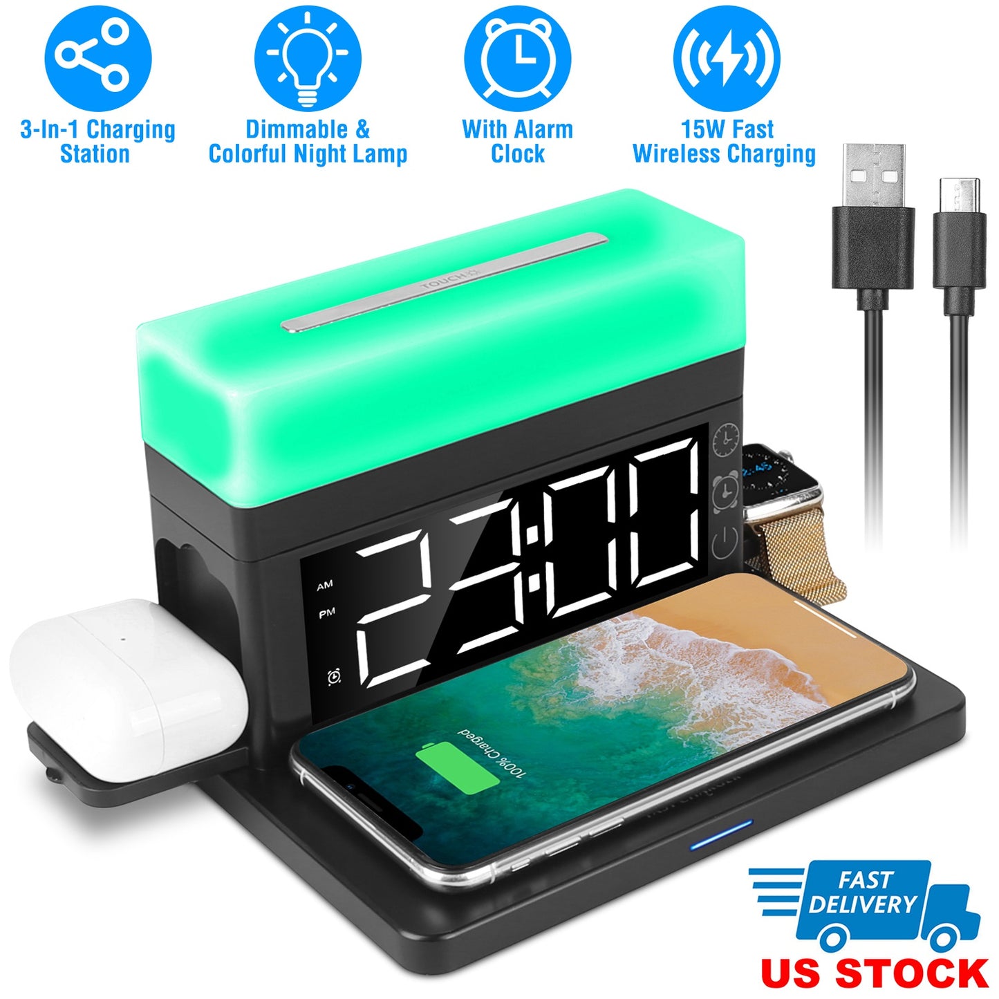 LJGelectro - 3 in 1 Wireless Charger Fast Charging Station Dock with Alarm Clock and Dimmable Colorful Night Light Fit for iPhone 14/13/12/11/Pro Max/iWatch/AirPod