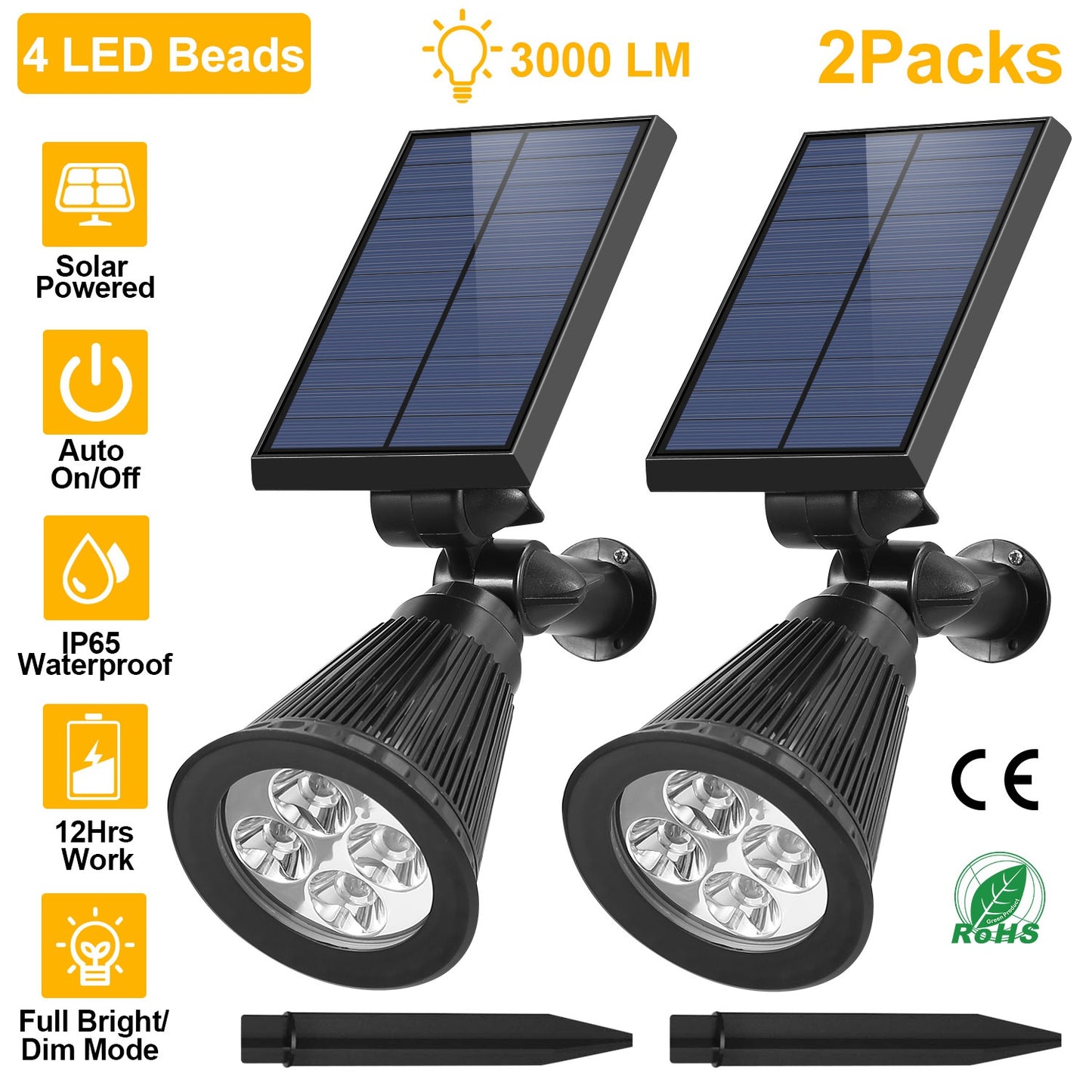 LJGelectro - 2Pcs Solar Spotlight Outdoor Dusk To Dawn Light Wall Path Lawn Garden Lamp Waterproof