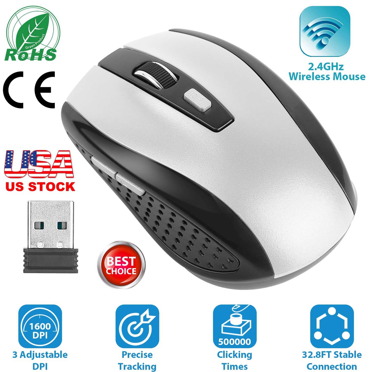 LJGelectro - 2.4G Wireless Gaming Mouse Optical Mice w/ Receiver 3 Adjustable DPI 6 Buttons For PC Laptop Computer Macbook