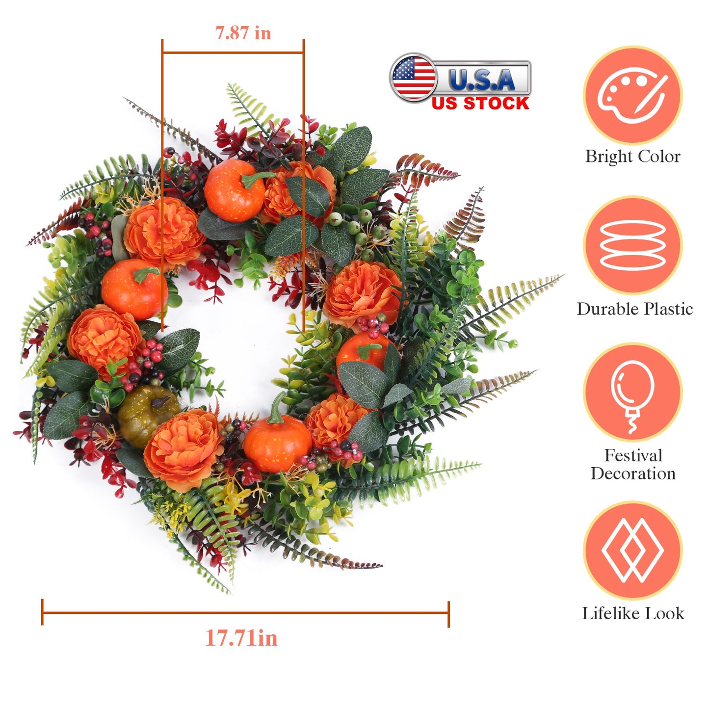 LJGelectro - 17.71IN Autumn Wreath with Pumpkin Mixed Leaves Berries Flowers Fall Decoration for Indoor Outdoor Window Wall Front Door in Halloween Thanks Giving D