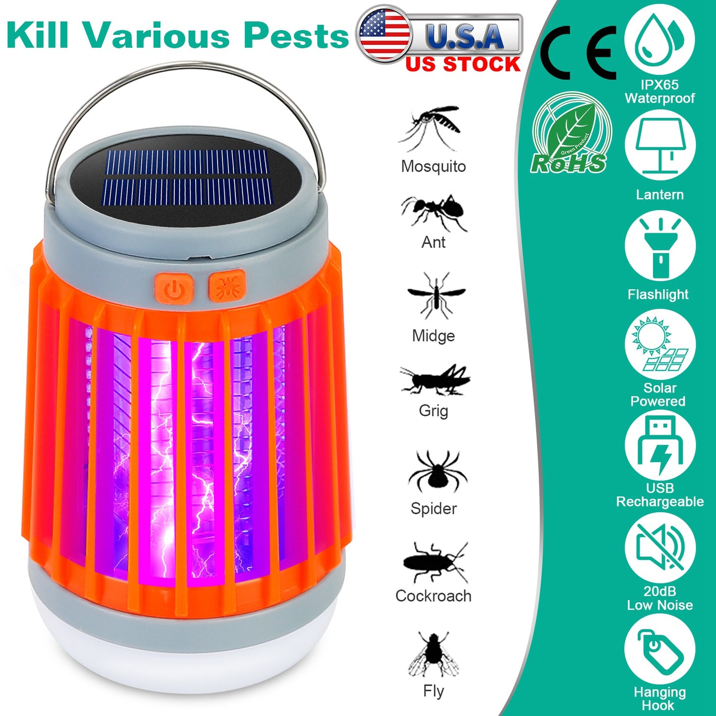 LJGelectro - Solar USB Electric Bug Zapper Mosquito Insect Killer Lamp Portable UV Light Bulbs Fly Trap Catcher w/ 5 Light Modes Hanging Hook