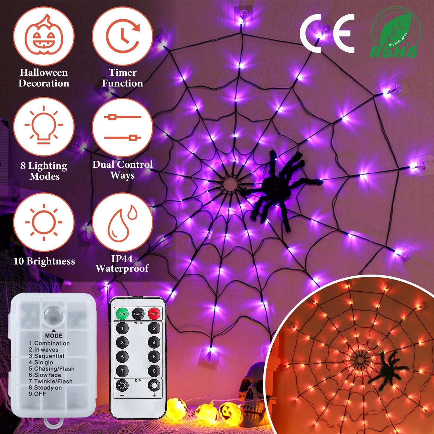 LJGelectro - 3.28FT Spider Web Light with Hairy Spider 70LED Battery Powered Remote Control 8 Lighting Modes Glowing Outdoor Indoor Wall Halloween Decoration