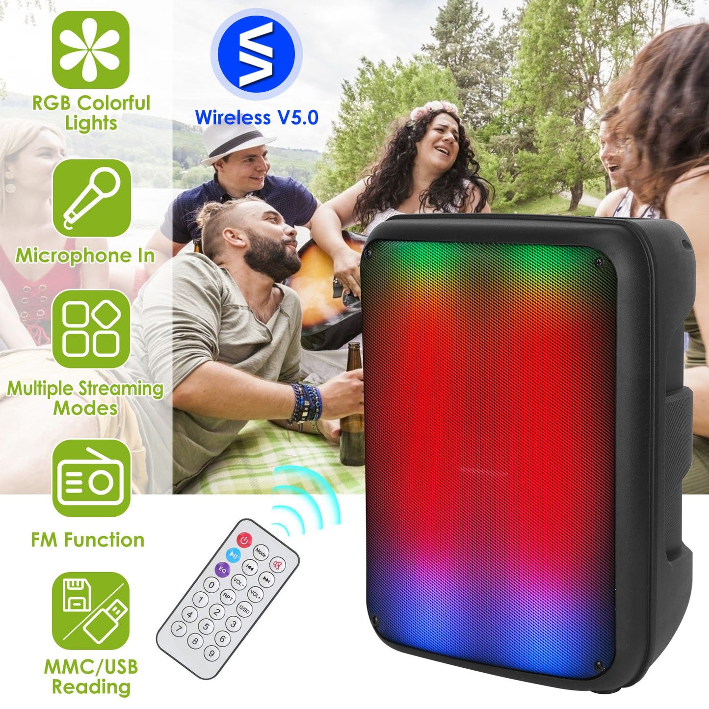 LJGelectro - Portable Wireless Party Speaker 8in Colorful Lights DJ PA System with TWS Function FM Radio USB MMC Card Reading Aux In Recording Function Mic