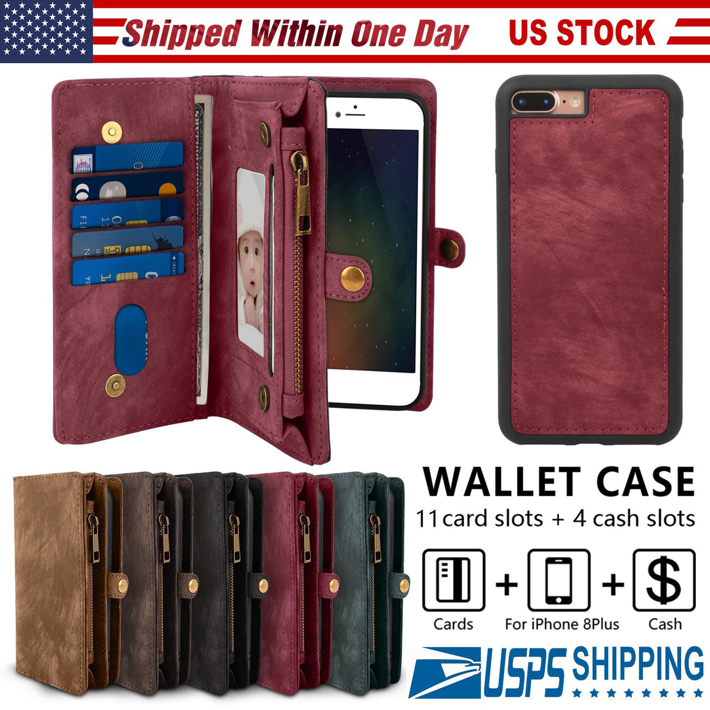 LJGelectro - Phone Wallet Case For iPhone 8 Plus Portable Wallet Case 2 in 1 Leather Zipper Magnetic Detachable 15 Card Slots Money Pocket Clutch Cover W/ID Widows